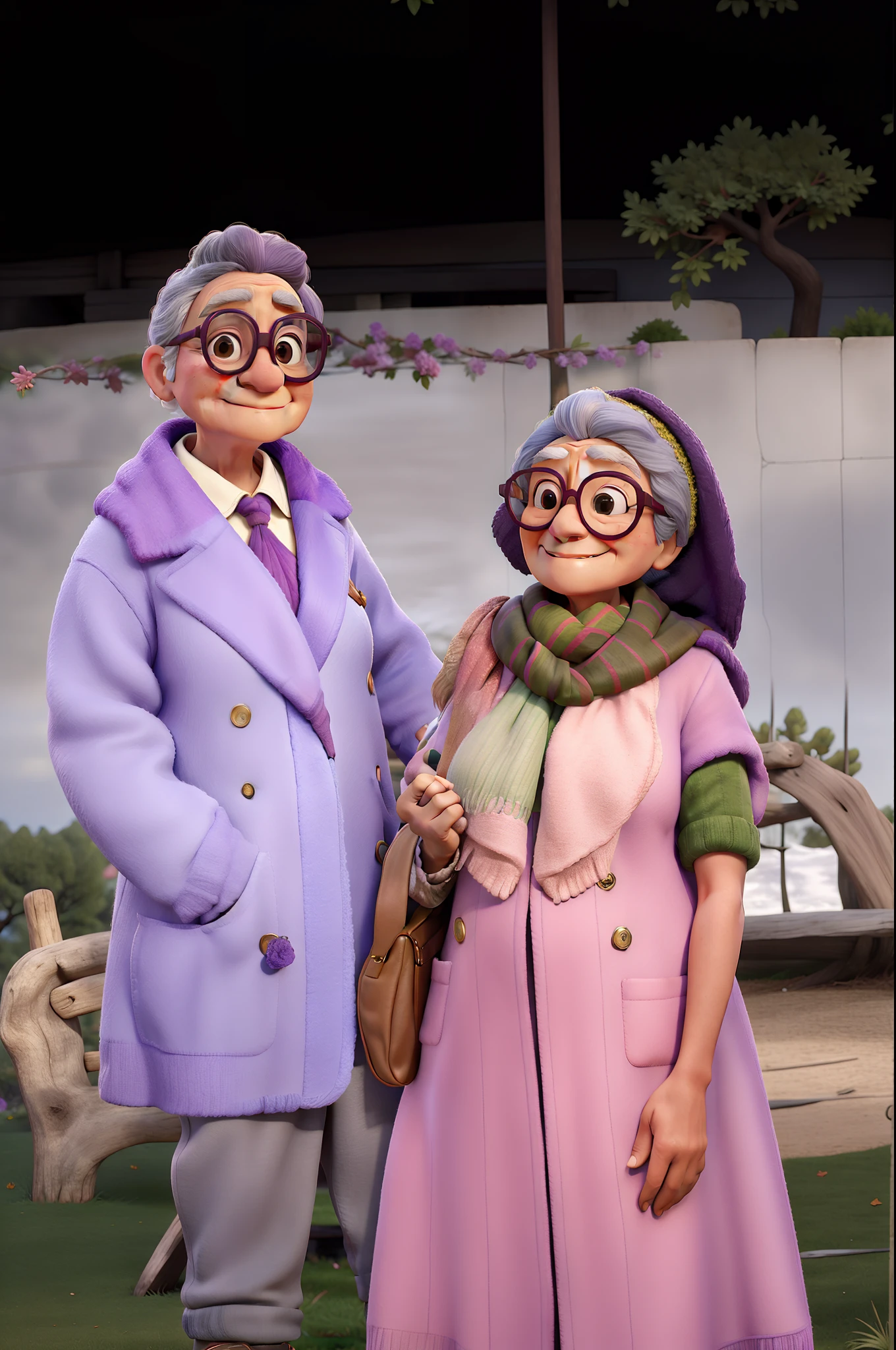 masterpiece, best quality, an old woman with glasses and a scarf on, wearing a purple coat and green scarf, standing at the park
