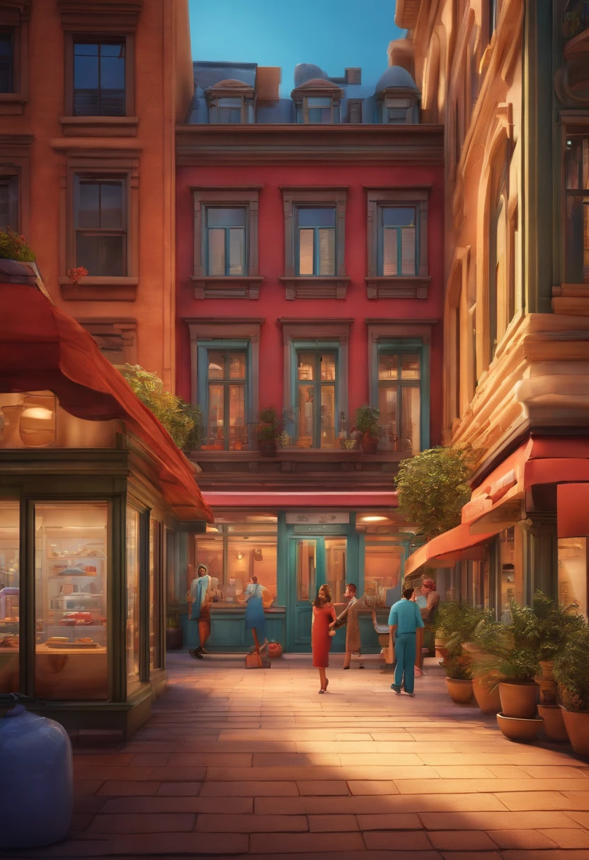 Pixar 3D-style drawing of a slimming clinic in the city center with a character in the foreground