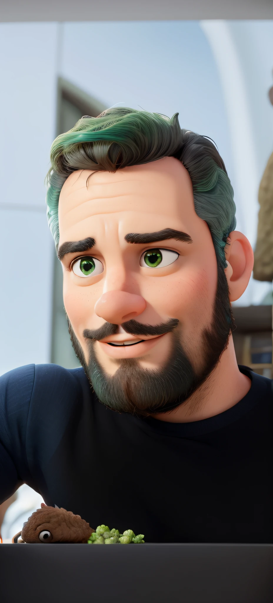 Um homem brasileiro de 42 anos descendente de italiano, magro, queixo curto e com barba completa, cabelo bem curto e pouco volumoso levemente grisalho e sobrancelha preenchida. Rosto medio, thin lips and bluish green eyes, orelhas pequenas, olhar profundo. estilo disney pixar, alta qualidade, melhor qualidade,