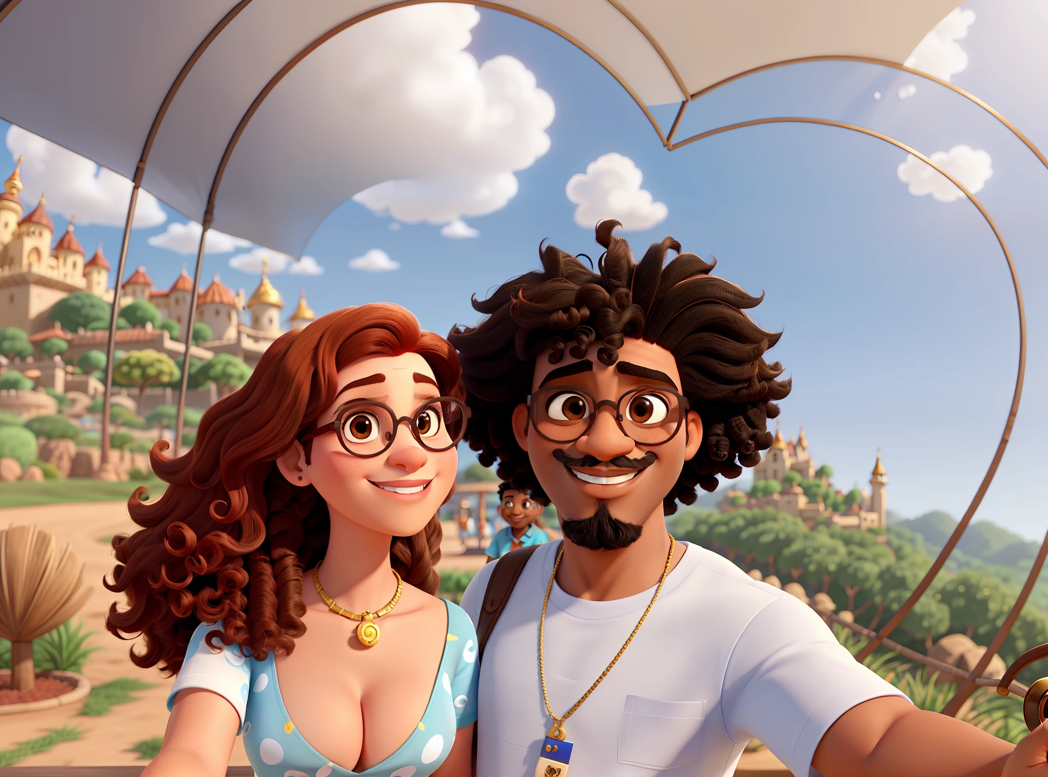 Selfie Casal, estilo Disney Pixar, ela ruiva, ele negro com cabelo crespo afro, bigode e cavanhaque, ambos sorrindo, He with gold-framed glasses, ele tem o nariz mais fino e comprido, She doesn't wear glasses and has light brown eyes