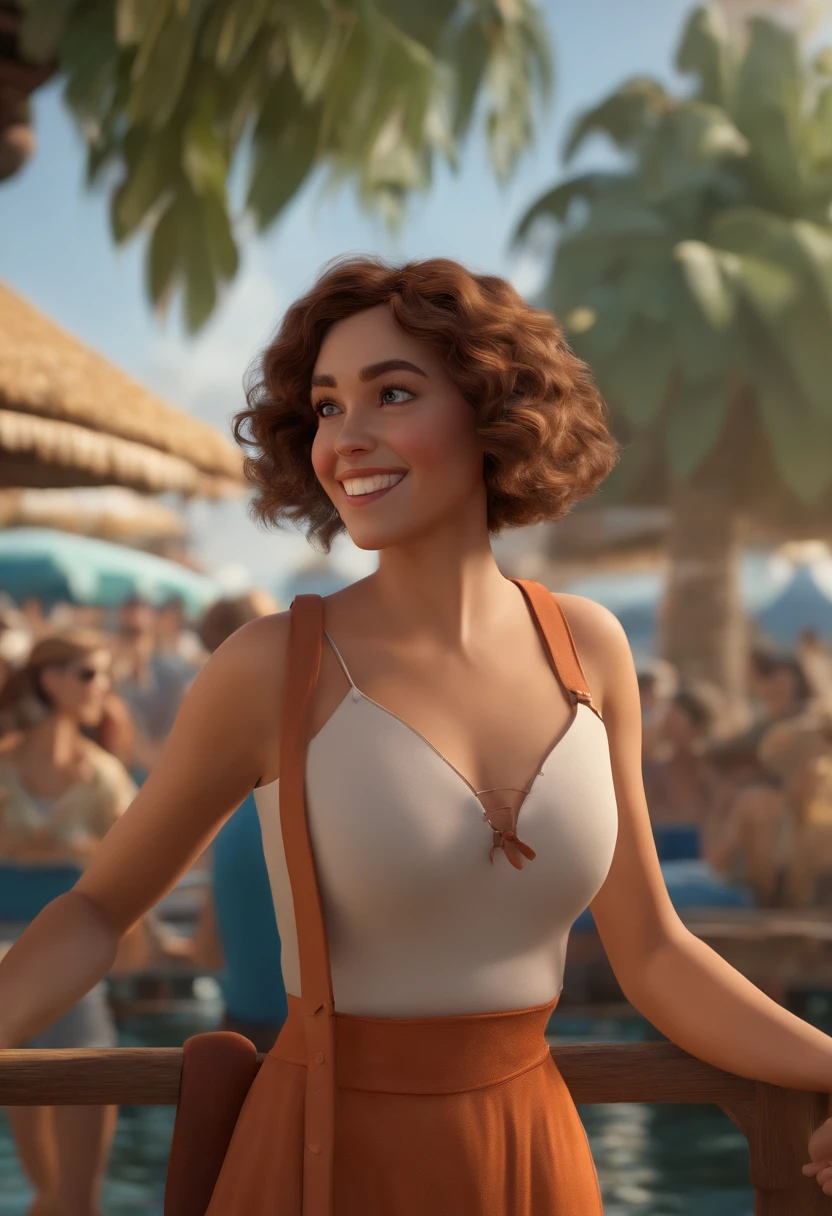 (best quality,4k,8k,highres,masterpiece:1.2),ultra-detailed,(realistic,photorealistic,photo-realistic:1.37),3D glasses,girl,short curly hair, dancing, Disney makeup, fisherman, cute, smiling, close-up, Pixar, Disney, cinema lighting