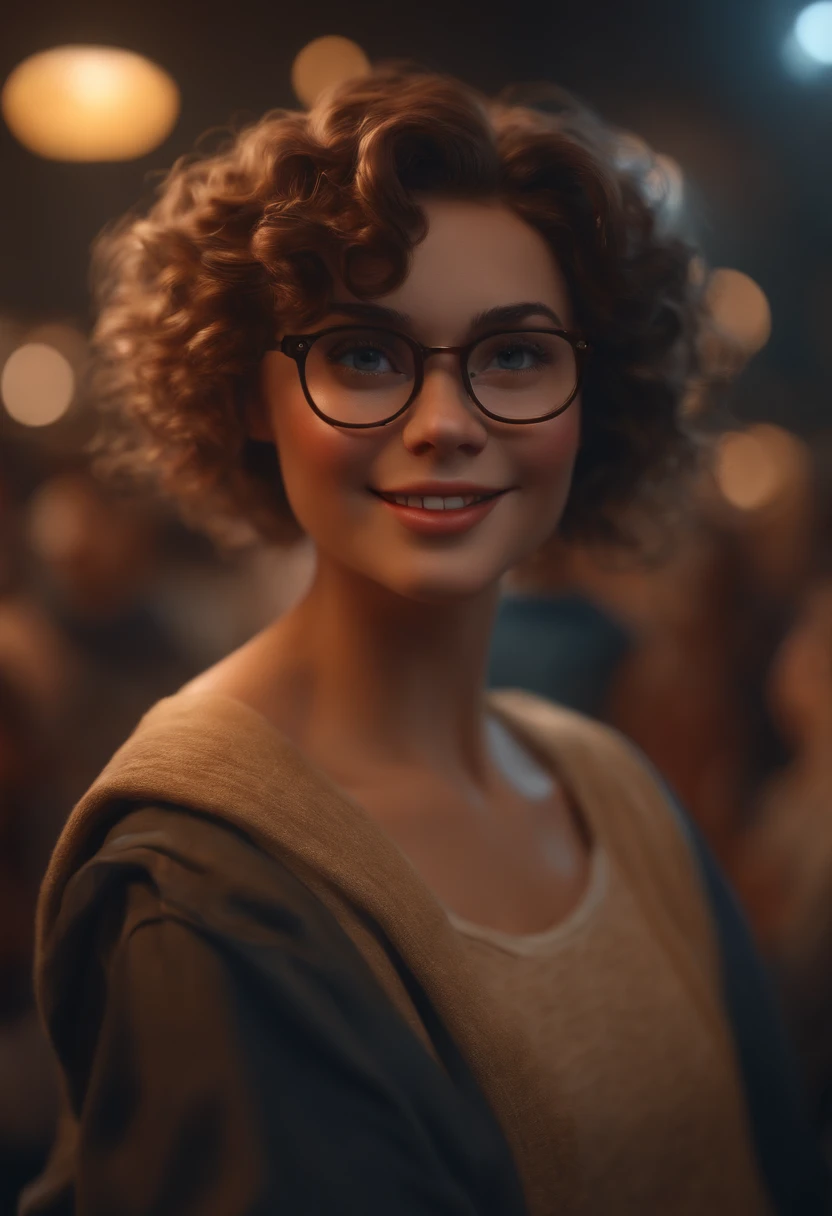 (best quality,4k,8k,highres,masterpiece:1.2),ultra-detailed,(realistic,photorealistic,photo-realistic:1.37),3D glasses,girl,short curly hair, dancing, Disney makeup, fisherman, cute, smiling, close-up, Pixar, Disney, cinema lighting