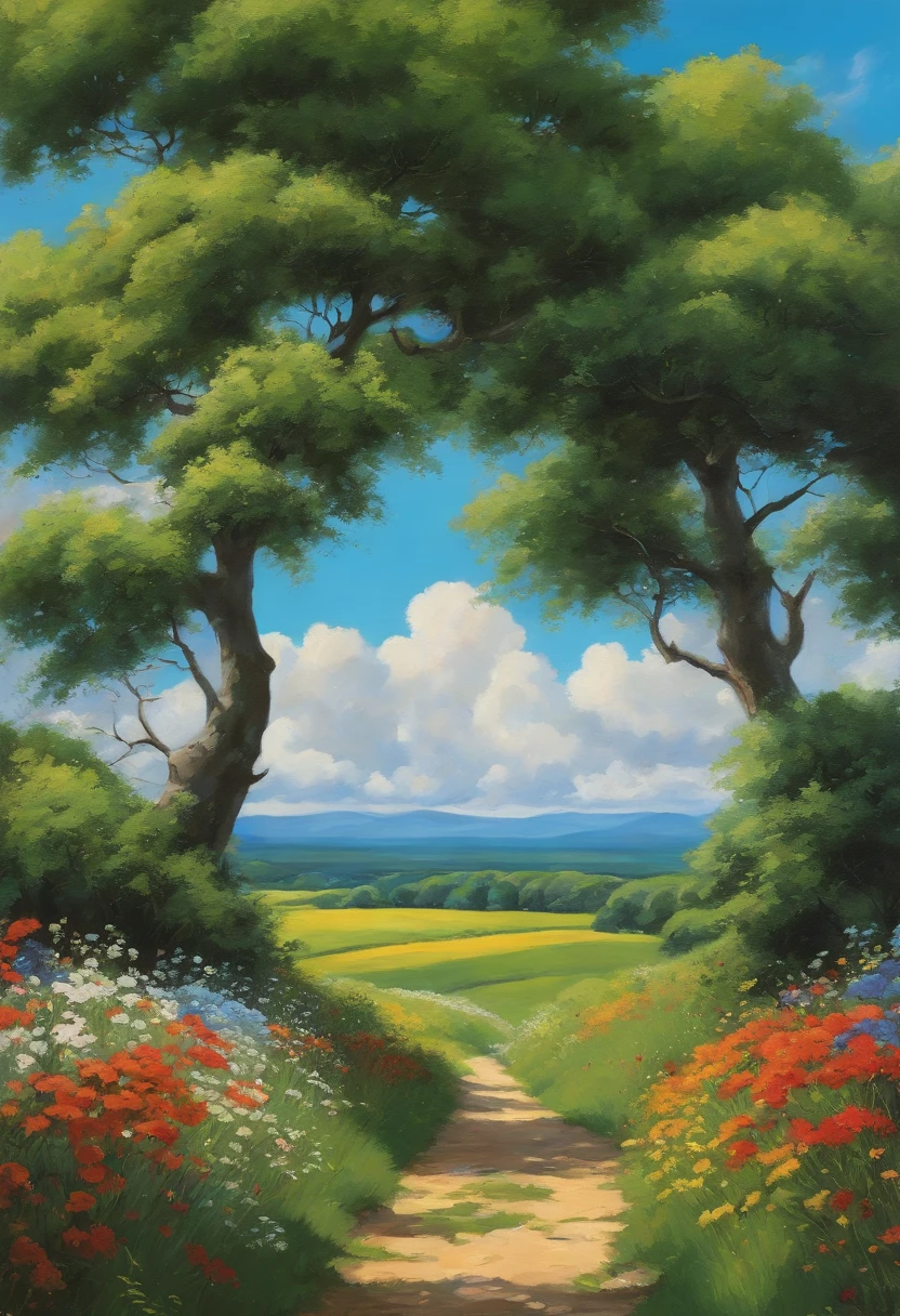 Realistic, Authentic, beautiful and amazing landscape oil painting Studio Ghibli Hayao Miyazaki's petal pasture with blue sky and white clouds