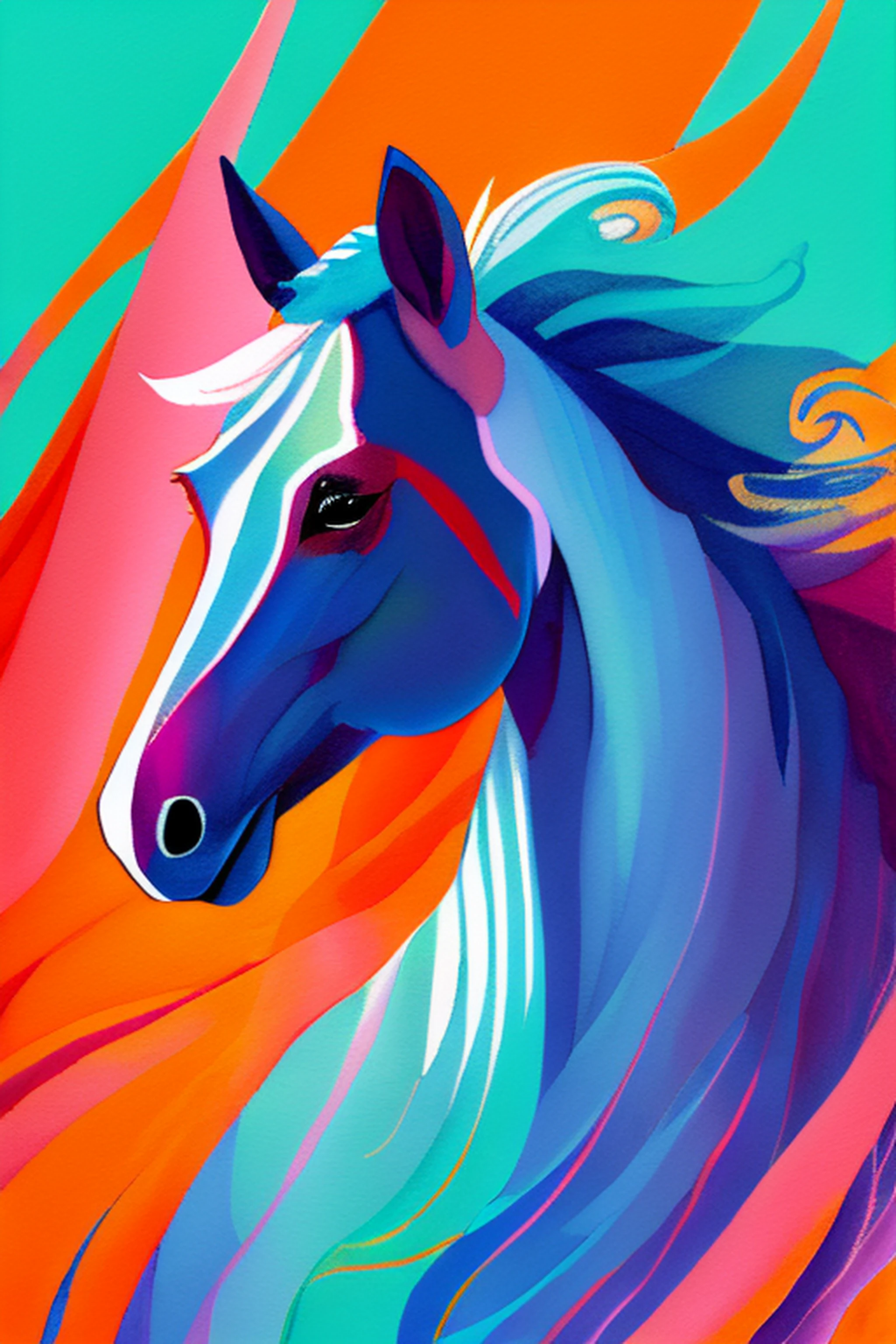 cavalo colorido brilhante com juba longa e juba na frente de um fundo azul, arte vetorial por Whitney Sherman, Vencedor do concurso da Shutterstock, neofauvismo, pintado em aquarelas brilhantes, Jen Bartel, Cavalo digital, full-colour illustration, fire and flames mane, full-colour illustration, Horse, pintura digital vibrante, estilo de arte vetorial, pintura digital colorida, a beautiful artwork illustration