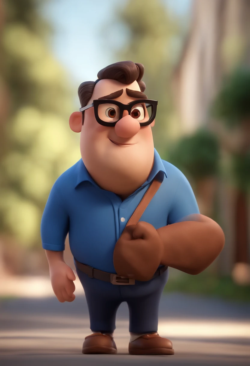 Cartoon character of a man wearing black glasses and a blue shirt, um personagem animado, Caractere estilizado, animation style rendering, 3D estilizado, Arnold Maya render, 3 d render stylized, toon render keyshot, Personagem 3D, Personagem 3D, 3d rendering stylized, 3 d character render, personagem de desenho animado, Personagem de close up, Pose de personagem, (Estilo Pixar) (master part:1.2) (Bokeh) (best quality) (pele detalhada) (textura detalhada) (8k) (argila) (Cinematic lighting) (foco nítido，Senta e vaza a parte superior do corpo