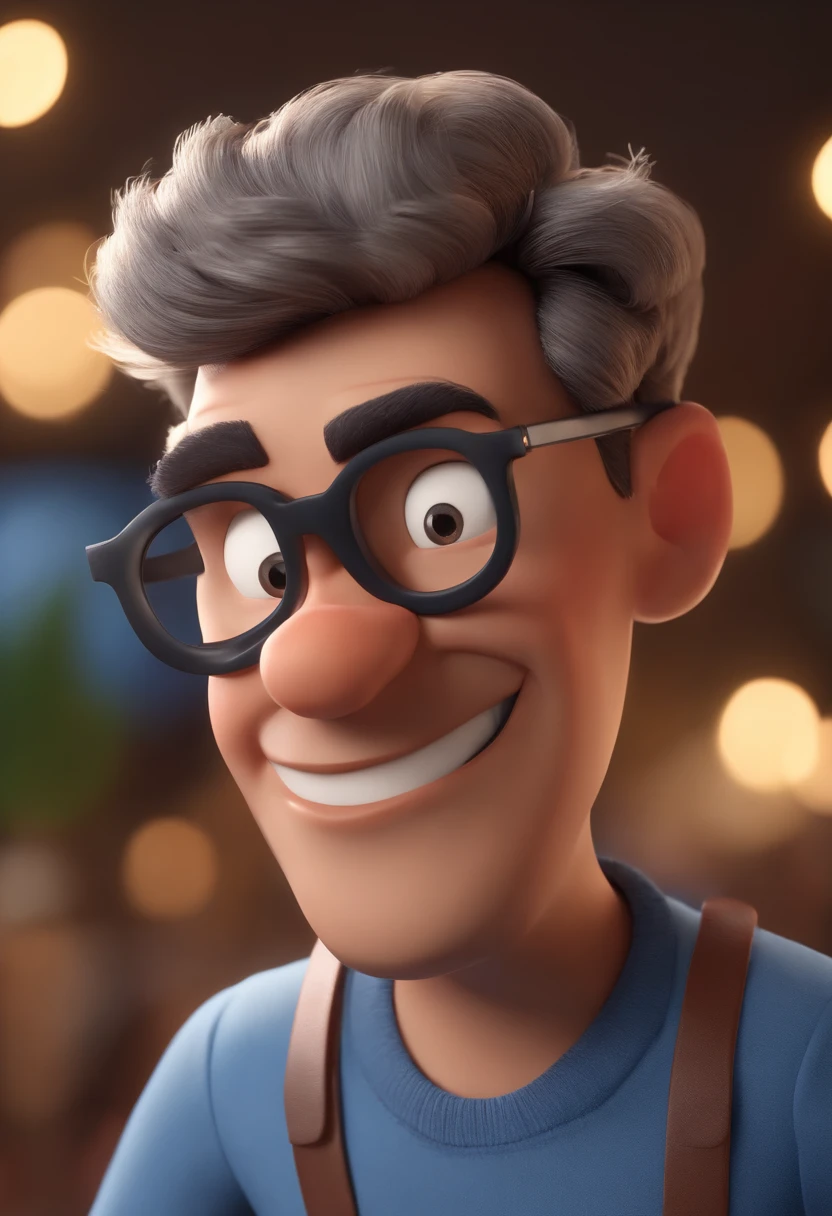 Cartoon character of a man wearing black glasses and a blue shirt, um personagem animado, Caractere estilizado, animation style rendering, 3D estilizado, Arnold Maya render, 3 d render stylized, toon render keyshot, Personagem 3D, Personagem 3D, 3d rendering stylized, 3 d character render, personagem de desenho animado, Personagem de close up, Pose de personagem, (Estilo Pixar) (master part:1.2) (Bokeh) (best quality) (pele detalhada) (textura detalhada) (8k) (argila) (Cinematic lighting) (foco nítido,Senta e vaza a parte superior do corpo