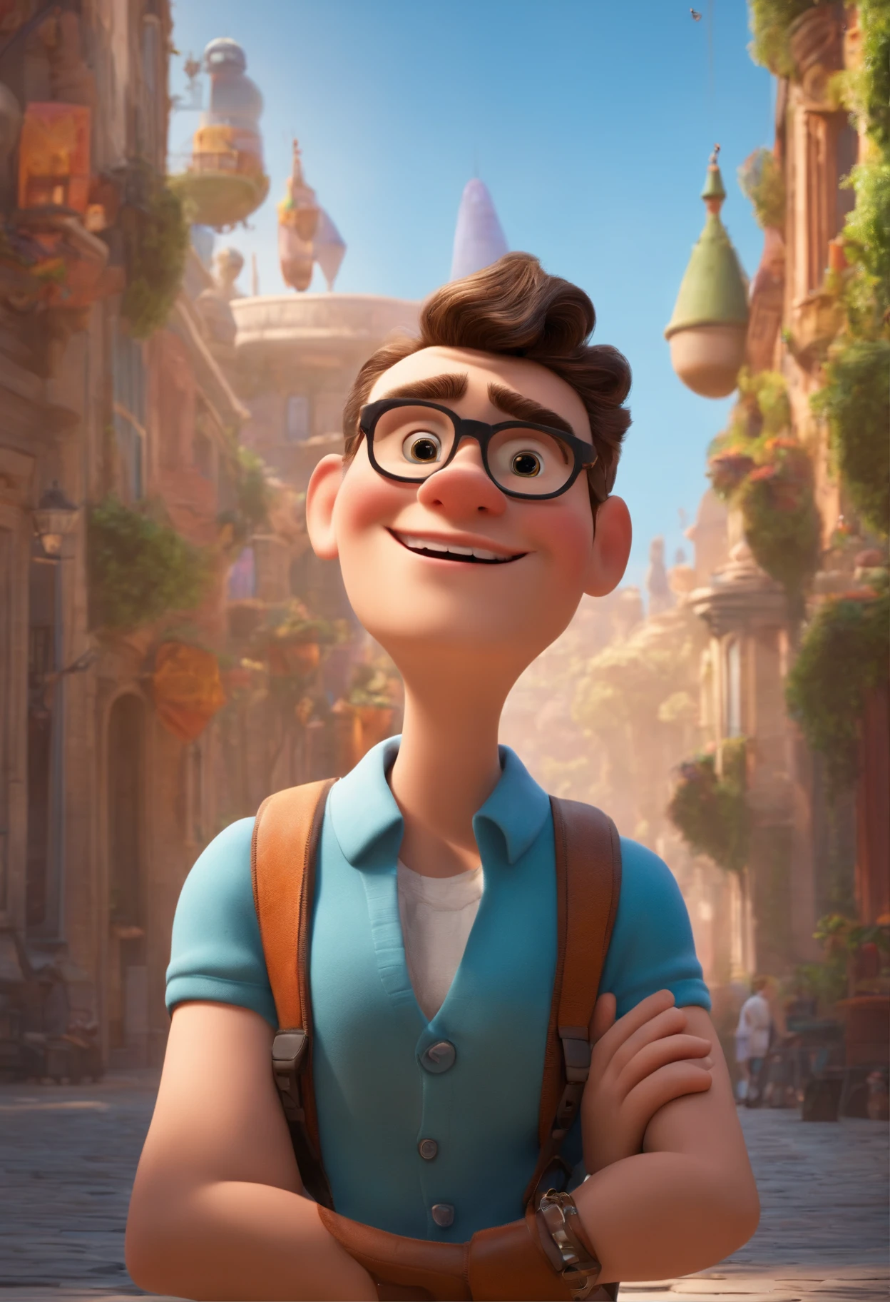 A futuristic yet realistic dream architect, inspired by Pixar animation, up close. The character takes center stage with captivating facial expressions, offering a touch of unreality.
