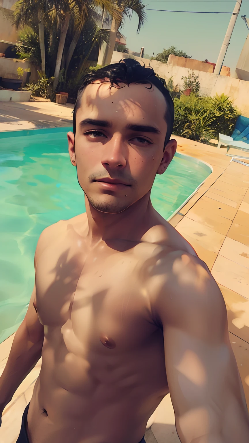 Homem em frente a piscina