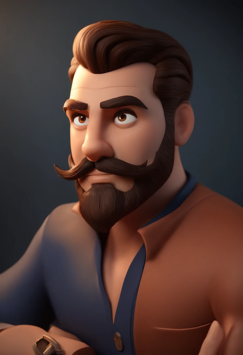 Personagem de desenho animado de um homem moreno com bigode e uma camisa polo preta, cabelo curto, animation character, Caractere estilizado, animation style rendering, 3D estilizado, Arnold Maya render, 3 d render stylized, toon render keyshot, Personagem 3D, Personagem 3D, 3d rendering stylized, 3 d character render, personagem de desenho animado, Personagem de close up, Pose de personagem,  (Estilo Pixar) (master part:1.2) (Bokeh) (best quality) (pele detalhada) (textura detalhada) (8k) (argila) (Cinematic lighting) (foco nítido