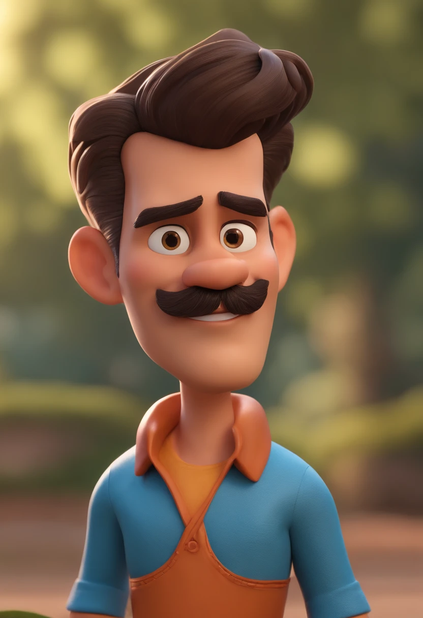 Personagem de desenho animado de um homem moreno com bigode e uma camisa polo preta, cabelo curto, animation character, Caractere estilizado, animation style rendering, 3D estilizado, Arnold Maya render, 3 d render stylized, toon render keyshot, Personagem 3D, Personagem 3D, 3d rendering stylized, 3 d character render, personagem de desenho animado, Personagem de close up, Pose de personagem, (Estilo Pixar) (master part:1.2) (Bokeh) (best quality) (pele detalhada) (textura detalhada) (8k) (argila) (Cinematic lighting) (foco nítido