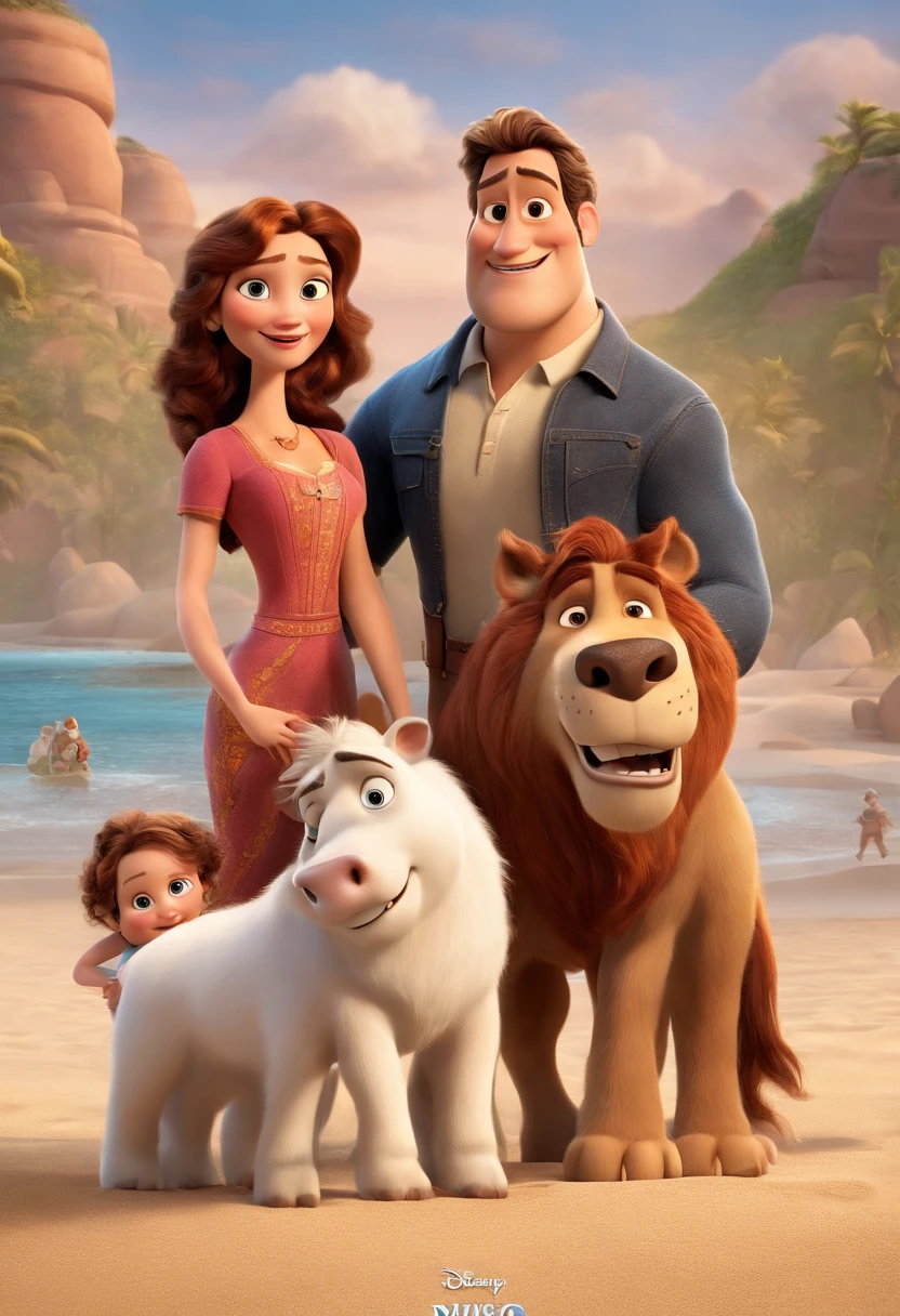 a Disney Pixar movie poster showing a white-skinned family. The father is the tallest, Tem barba curta, loiro, cabelos curtos e espinhosos. The mother has brown eyes and hair, shoulder-length and is slightly overweight. A ****** tem 4 anos e cabelos castanhos, roupa rosa e rabos de cavalo. The background is a beach garden. 3D-rendering