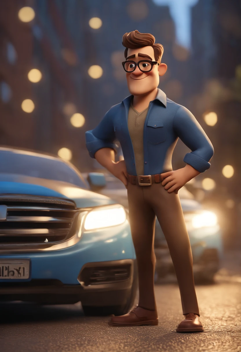 Cartoon character of a man with black glasses, cabelo cacheado marrom escuro e uma camisa azul, animation character, Caractere estilizado, animation style rendering, 3D estilizado, Arnold Maya render, 3 d render stylized, toon render keyshot, Personagem 3D, Personagem 3D, 3d rendering stylized, 3 d character render, personagem de desenho animado, Personagem de close up, Pose de personagem,  (Estilo Pixar) (master part:1.2) (Bokeh) (best quality) (pele detalhada) (textura detalhada) (8k) (argila) (Cinematic lighting) (foco nítido