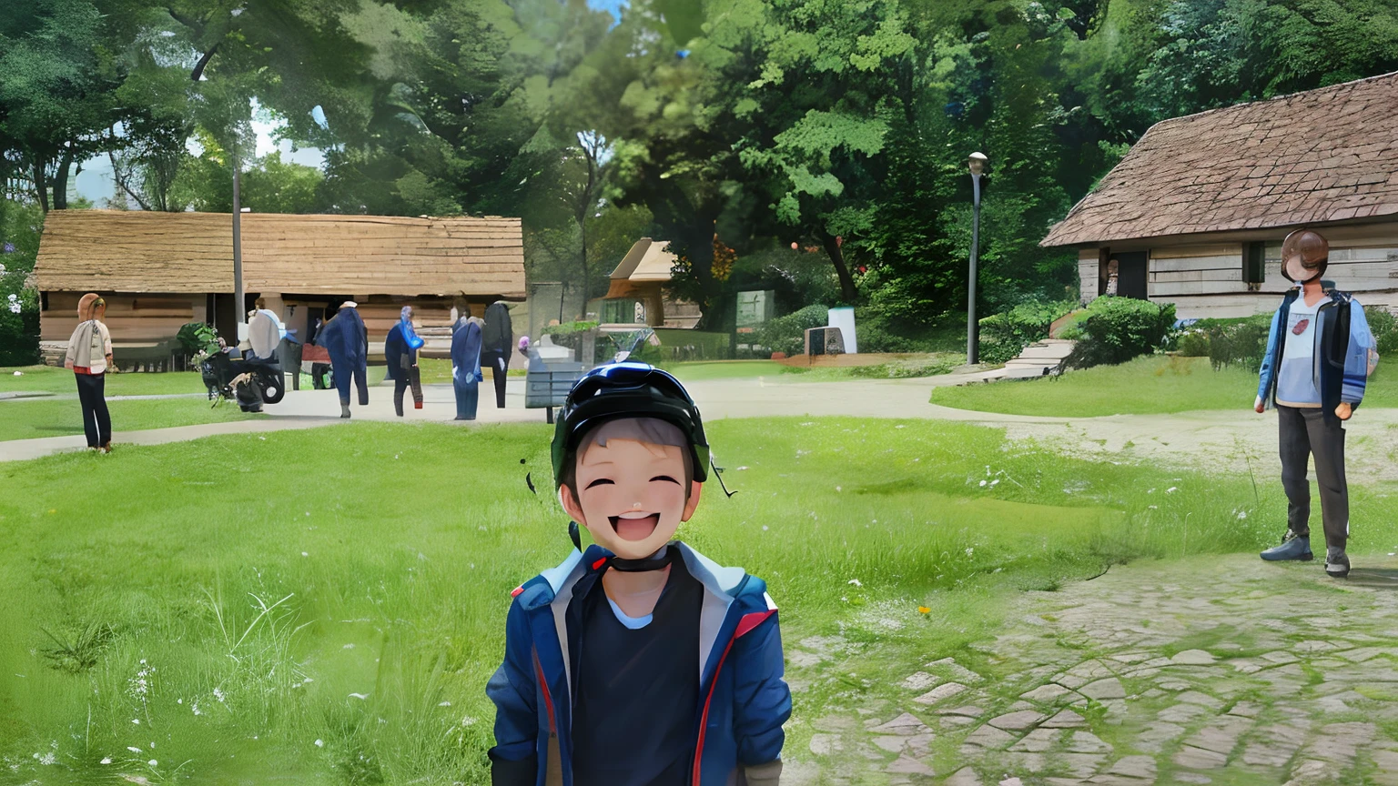 (best quality,highres:1.2),happy child with helmet, 2 houses in the background, people strolling in a park