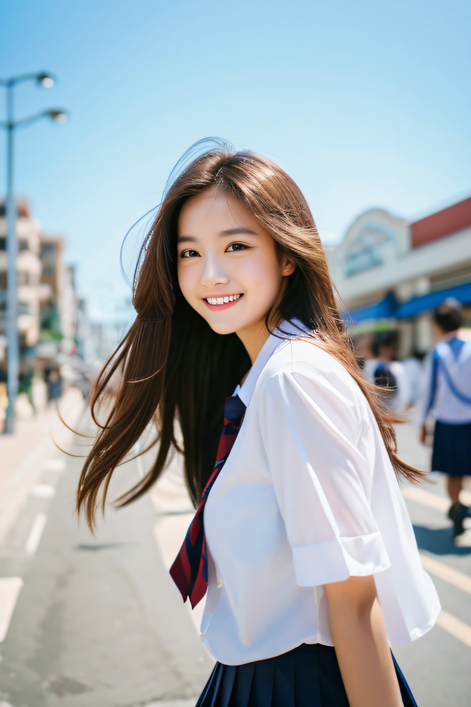 1 Girl in the beach at noon、walking in the street、Walking、Gaze to the side、A delightful、Beautie、Tremendously beautiful、dual、A slender、a smile、The long-haired, high quality image, high resolution in detail, try-x, ISO1600, super realistic photo, fine skins, fine hair, 135mm lens, bust shot, school uniform, realistic eyes