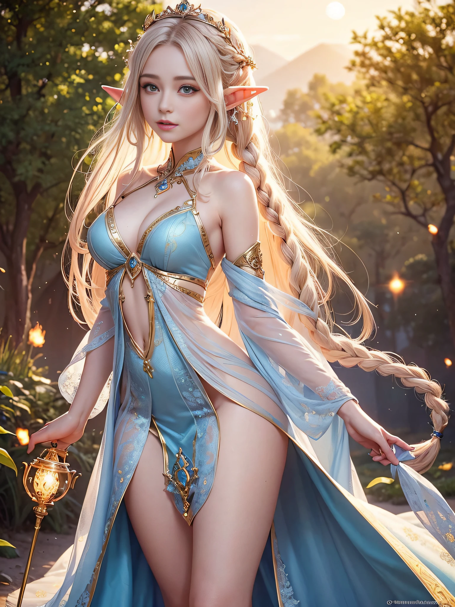 A graceful elf girl stands in a meadow, her delicate features illuminated by the soft light of the setting sun. Her long, flowing hair cascades down her back, adorned with intricate braids and adorned with sparkling jewels. This stunning painting captures the ethereal beauty of elves. Her slender figure in a silk dress sways in the soft meadow breeze. The artist's attention to detail is evident in the intricate patterns of her dress and the subtle highlights of her luminescence. skin. This breathtaking depiction of an elf girl exudes a sense of enchantment and transports the viewer to a magical world. The beautiful elf magician is awe-inspiring as she holds a magician's staff, uses fireball magic, and is about to defeat the Demon King with explosion magic., If you pull up your skirt, you can see your see-through panties and it will be embarrassing.