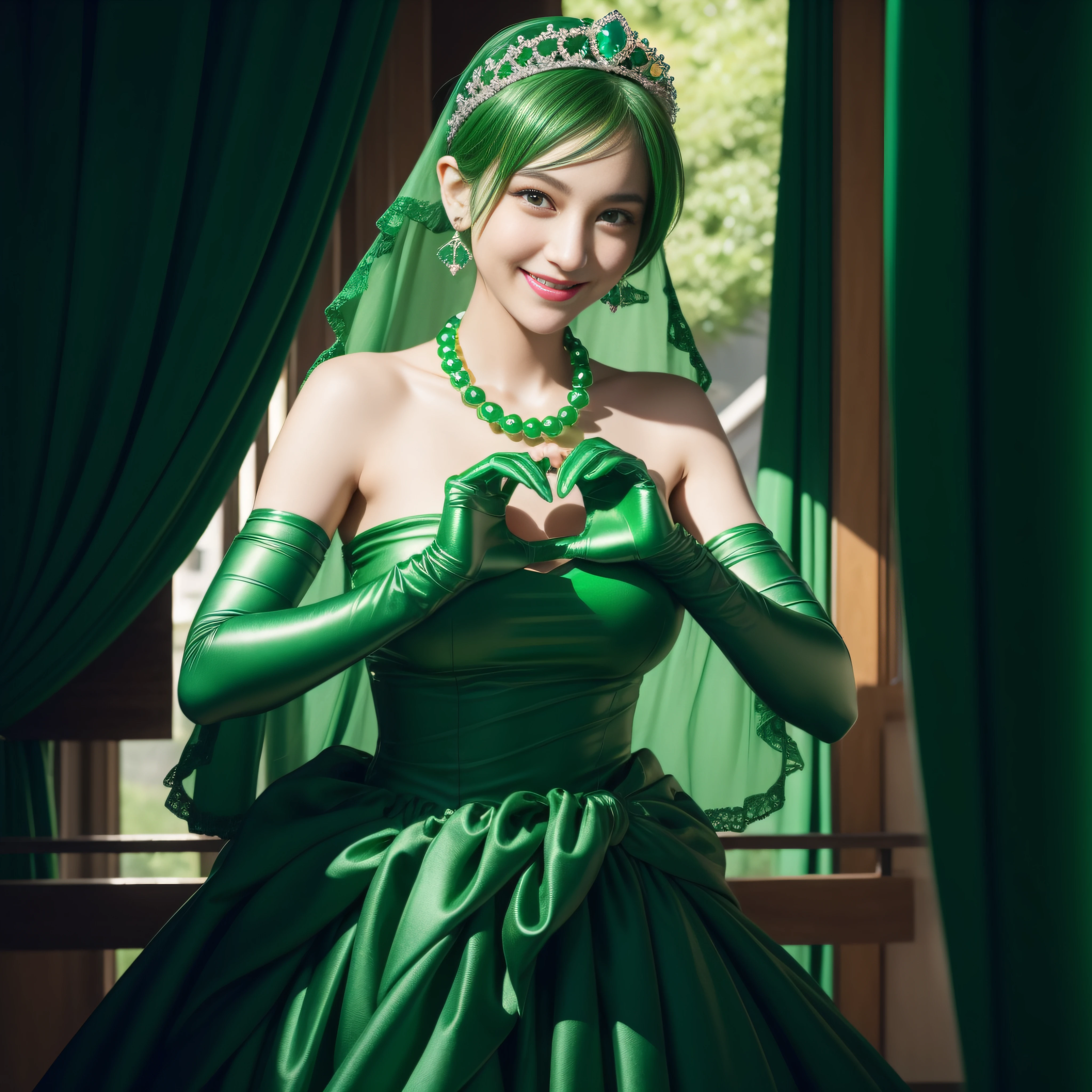 emerald tiara, Green Pearl Necklace, Boyish very short green hair, lipsticks, Japan woman smiling, very short short hair, big breasts beautiful, Green eyes, Long green gloves made of satin material, Green eyes, Emerald Earrings, green vale, Heart with both hands