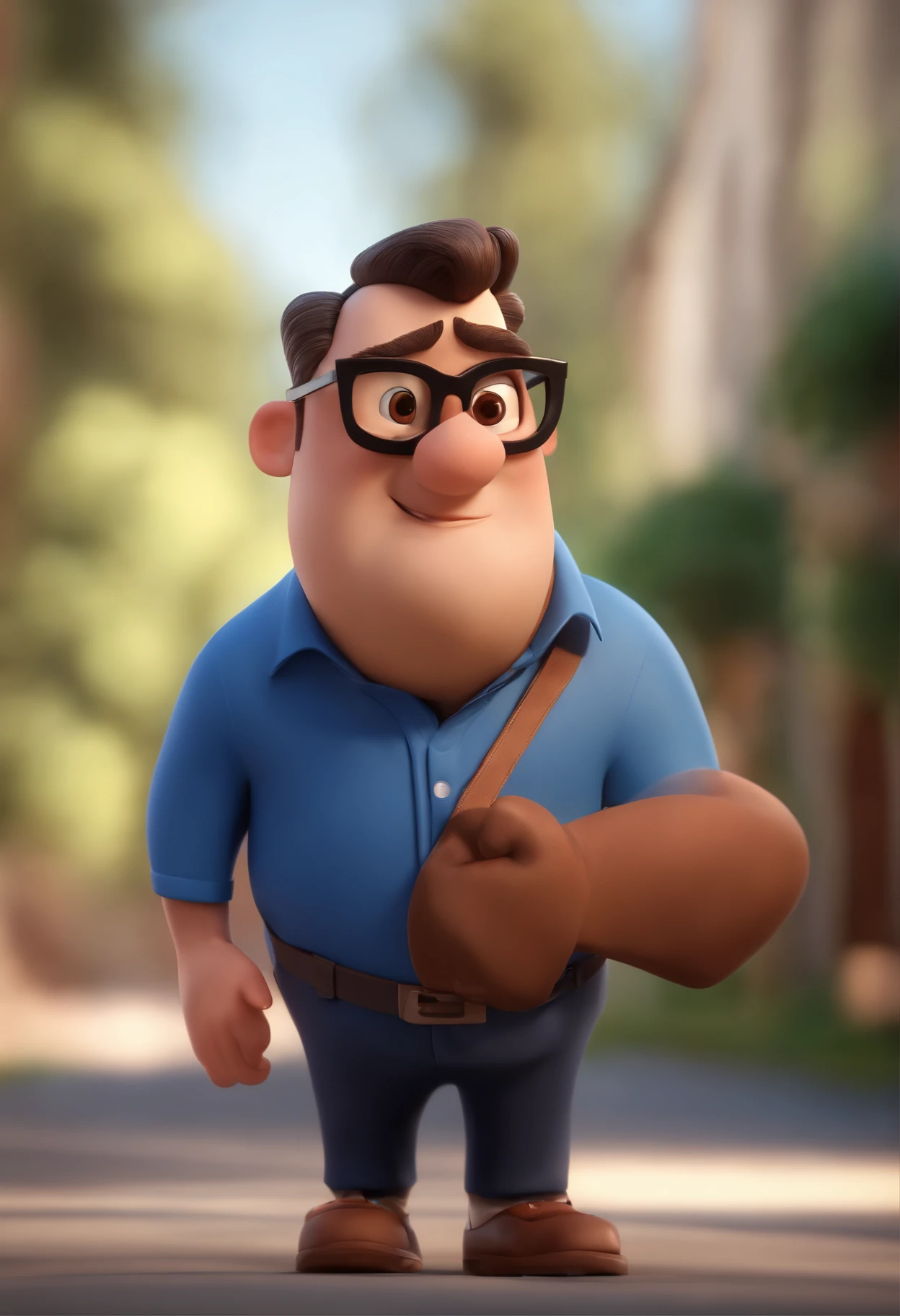 Cartoon character of a man wearing black glasses and a blue shirt, um personagem animado, Caractere estilizado, animation style rendering, 3D estilizado, Arnold Maya render, 3 d render stylized, toon render keyshot, Personagem 3D, Personagem 3D, 3d rendering stylized, 3 d character render, personagem de desenho animado, Personagem de close up, Pose de personagem, (Estilo Pixar) (master part:1.2) (Bokeh) (best quality) (pele detalhada) (textura detalhada) (8k) (argila) (Cinematic lighting) (foco nítido,Senta e vaza a parte superior do corpo