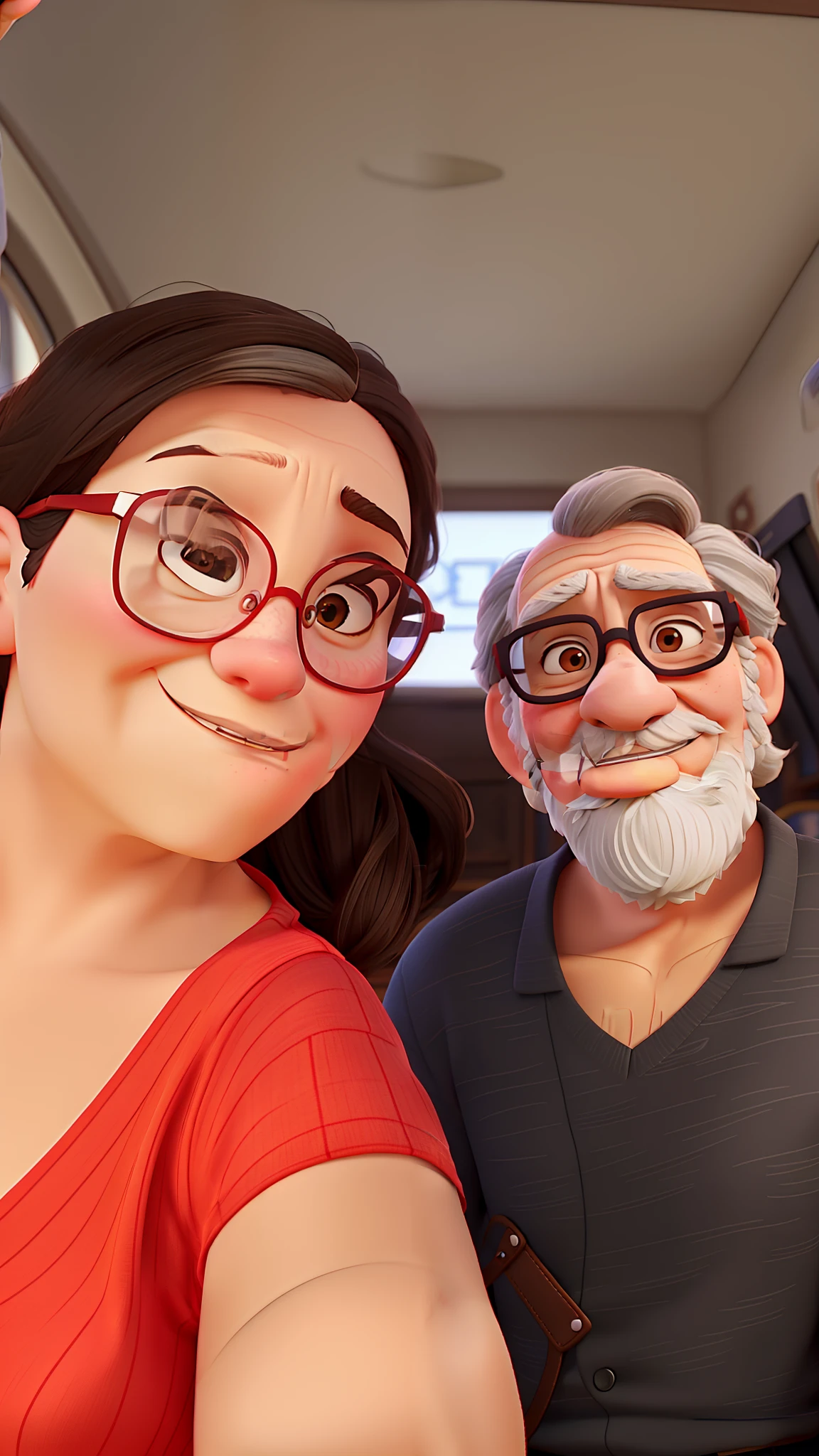 Brunette woman with tied hair and red glasses with elderly brunette man with gray hair and beard wearing glasses in Disney Pixar style, alta qualidade, melhor qualidade.