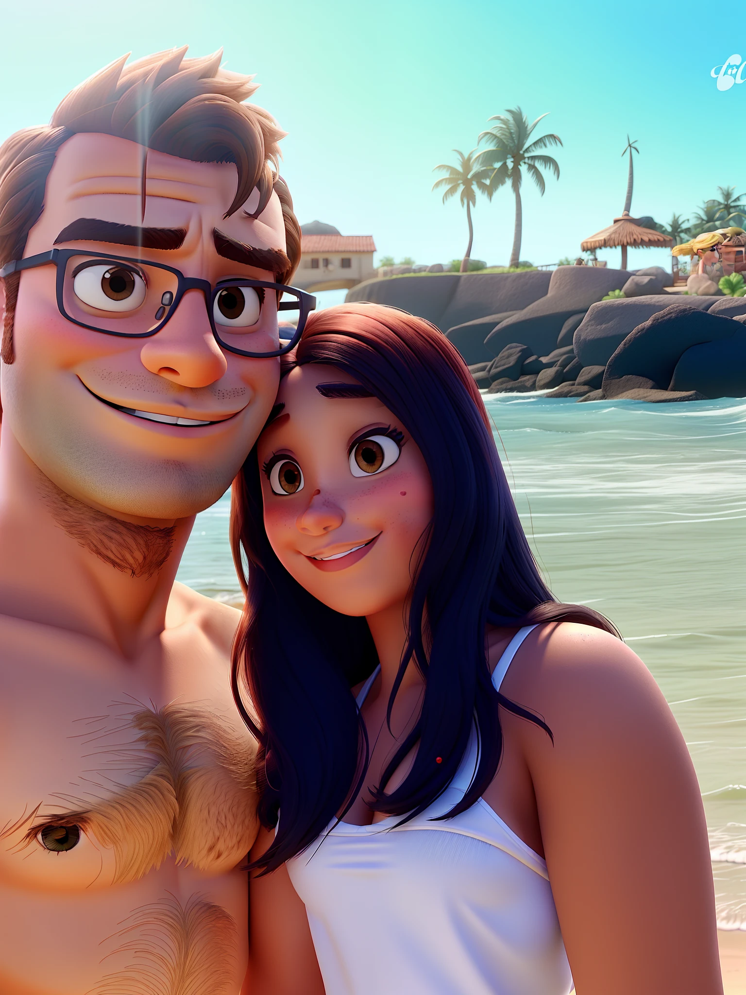 romantic couple, homem branco sem camisa e mulher morena de bikini, estilo Pixar