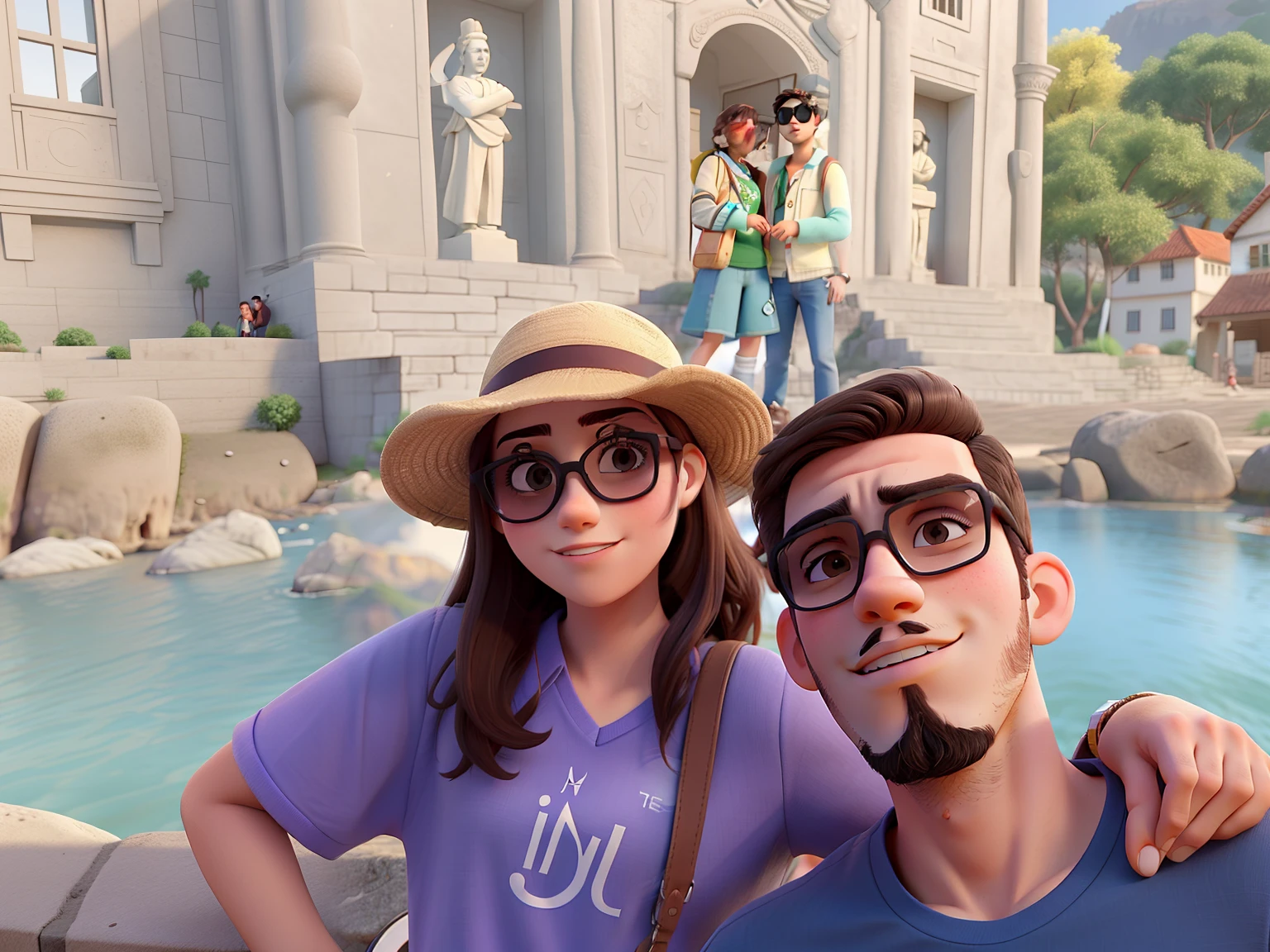 Young couple with sunglasses and passionate look. O jovem rapaz tem barba no rosto todo. The two of them are in a very beautiful background landscape