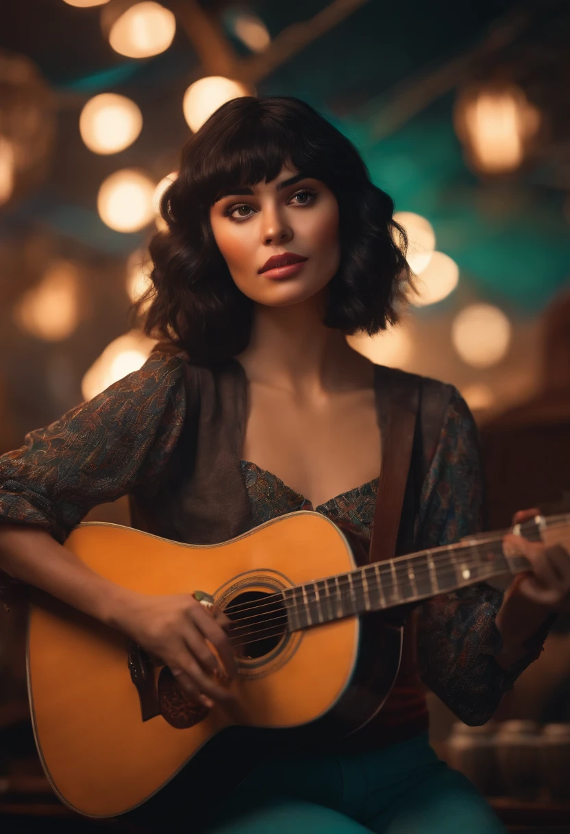 Uma cantora @Black-haired singer Emykastro with bangs playing guitar looking at a dream project inspired by Pixar animation, de perto. The character takes center stage with captivating facial expressions, oferecendo um toque de irrealidade