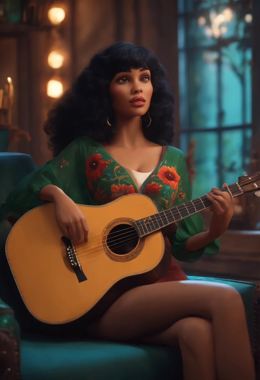 Uma cantora @Black-haired singer Emykastro with bangs playing guitar looking at a dream project inspired by Pixar animation, de perto. The character takes center stage with captivating facial expressions, oferecendo um toque de irrealidade