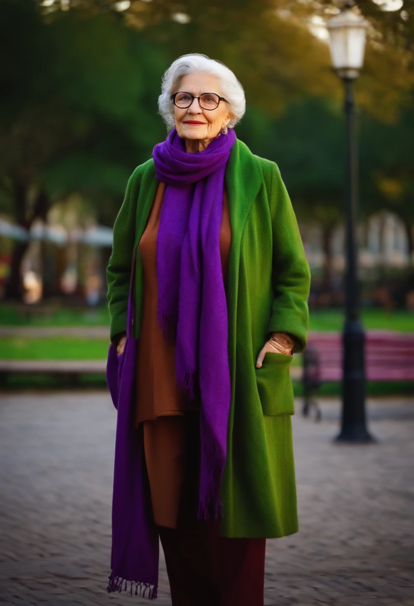 masterpiece, best quality, an old woman with glasses and a scarf on, wearing a purple coat and green scarf, standing at the park