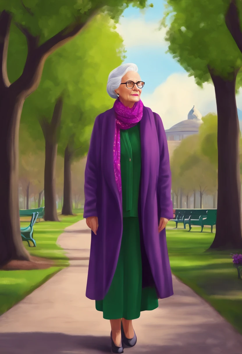 masterpiece, best quality, an old woman with glasses and a scarf on, wearing a purple coat and green scarf, standing at the park