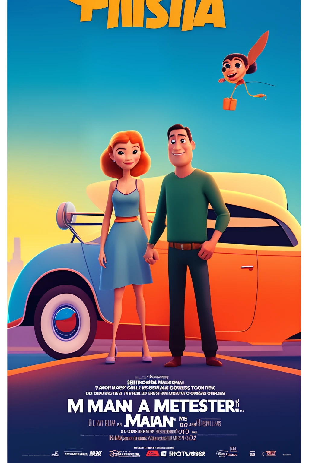 A 3d Pixar Disney style movie poster with the test "GUSTAVO & Mel" man holding a bitch while driving a car