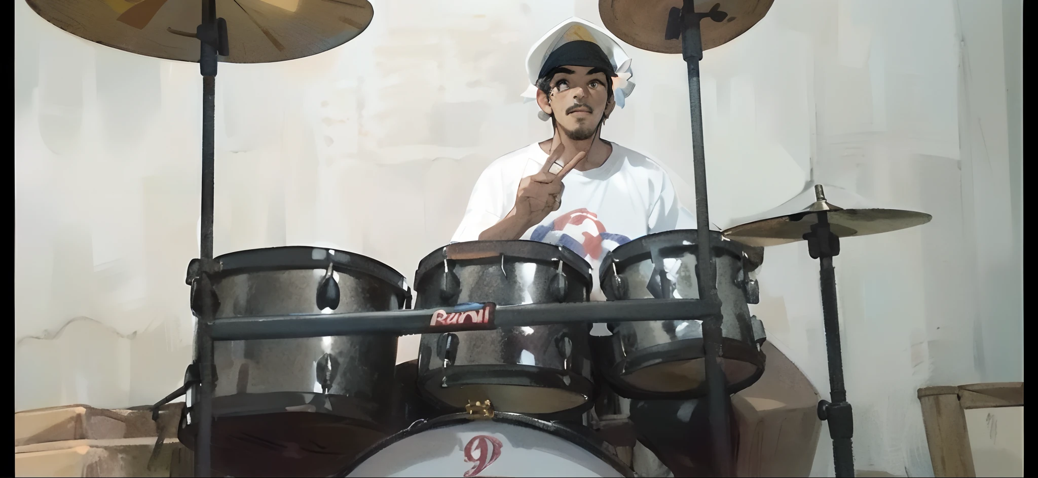drummer sitting behind a drum set with a hat on, drummer, mateus 9 5, david rios ferreira, playing drums, edu souza, caio santos, inspired by Nathan Oliveira, drums, perez fabian, carmelo blandino, ramil sunga, icaro carvalho, congas, seu madruga, foto realista