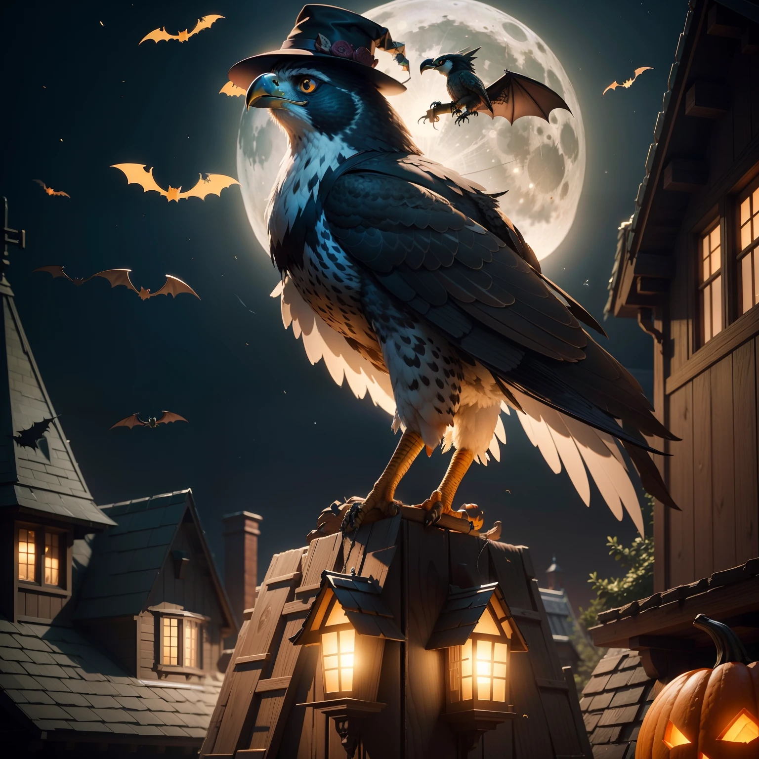 Falcon wears a Halloween hat...，（master-piece，bestquality：1.2），Best Lights，best shadows，Show background, . . . . . . . . . . . . . .bat,full big moon,Old House,stylized 3d render