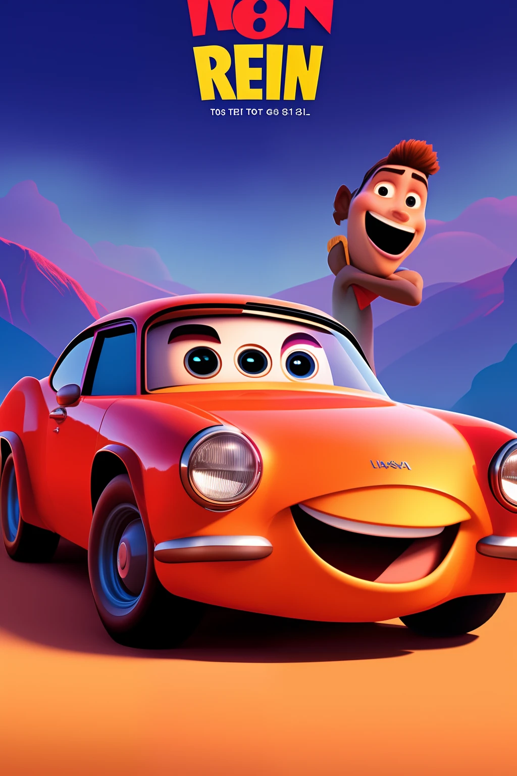 A 3d Pixar Disney style movie poster with the test "GUSTAVO & Mel" man holding a bitch while driving a car