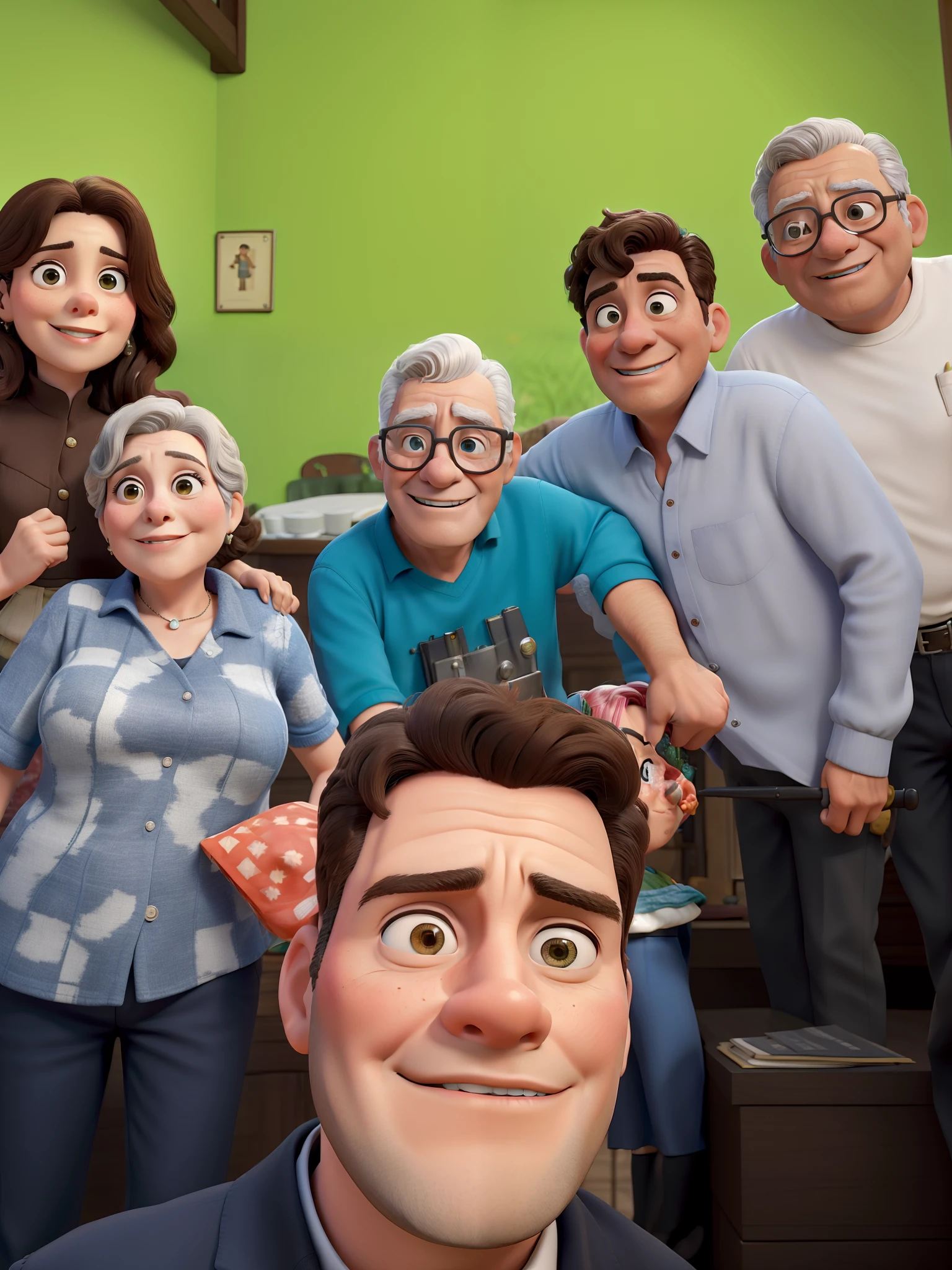 Do lado direito da imagem, casal homem no canto e mulher ao lado, In the center boy in front and elderly couple in the back, e do lado esquerdo