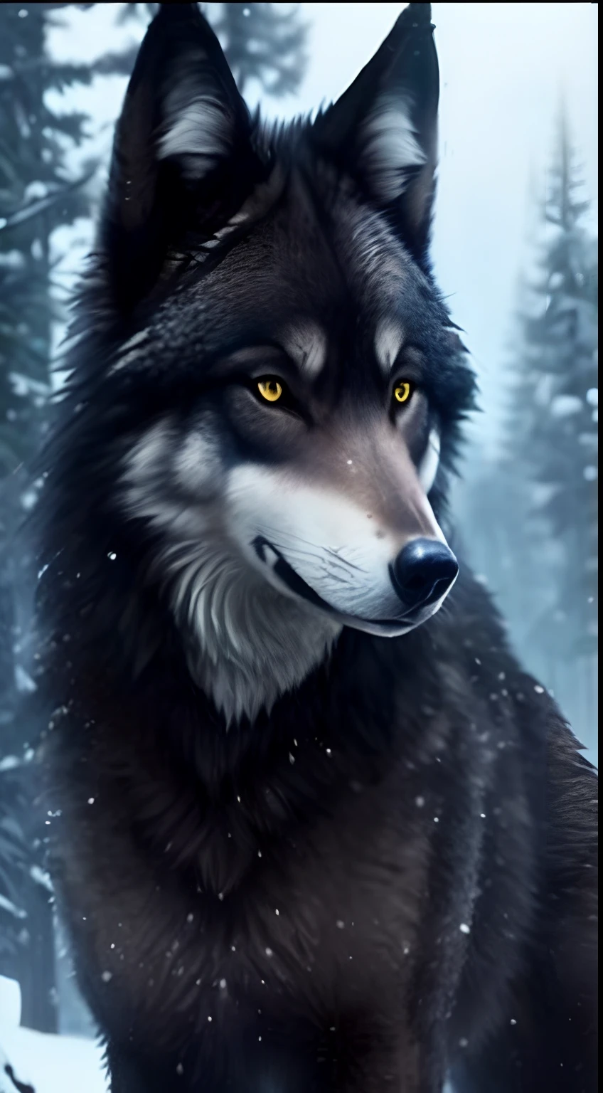 A closeup of a wolf standing in the snow near trees, foto de lobo, Lobo Negro, Angielobo, lobo, grande lobo, lobo cinzento escuro, lobo peludo, retrato do lobo da fantasia, Ele tem olhos de lobo amarelos, Lobo cinzento escuro O'Donnell, lobo, retrato do lobo, alpha wolf head, companheiro lobo, lone wolf, Lobos e seus tesouros