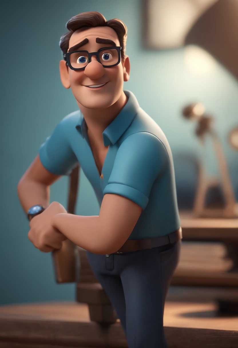 Cartoon character of a man with black glasses and a blue shirt, animation character, Caractere estilizado, animation style rendering, 3D estilizado, Arnold Maya render, 3 d render stylized, toon render keyshot, Personagem 3D, Personagem 3D, 3d rendering stylized, 3 d character render, personagem de desenho animado, Personagem de close up, Pose de personagem,  (Estilo Pixar) (master part:1.2) (Bokeh) (best quality) (pele detalhada) (textura detalhada) (8k) (argila) (Cinematic lighting) (foco nítido