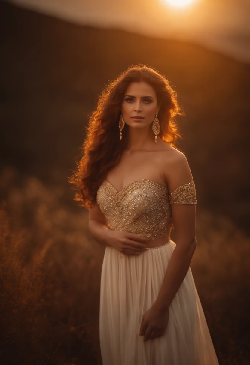 ( alta qualidade , ultra detailed by hand ) ( careful hand ) Zodiac sign - Goddess of Aries , similar to Latin goodness , corajoso ,intencional ,produtivo ,Entrepreneurial and humanitarian face . Moody, impulsivo, impaciente, estilo assertivo . Reddish hair from sunset , vestido transparente , no oceano com sol , corpo inteiro , olhos de fogo de cristal ( olho detalhado ) . forte e poderoso olhar de maquiagem . deusa do fogo .