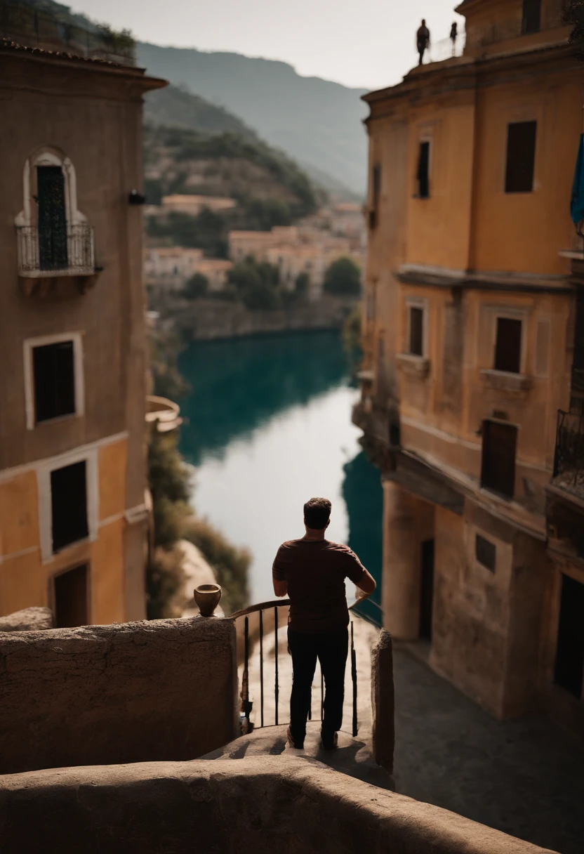 There's a man who's standing on a ledge with a camera, Emad Mostaque, gui guimaraes, edin durmisevic, Ahmad Merheb, Foto tirada de longe, Em Espanha, Pepe Moreno, com a terra ao fundo, posuka demizu |, Eytan Zana, encho enchev, com uma cidade em segundo plano
