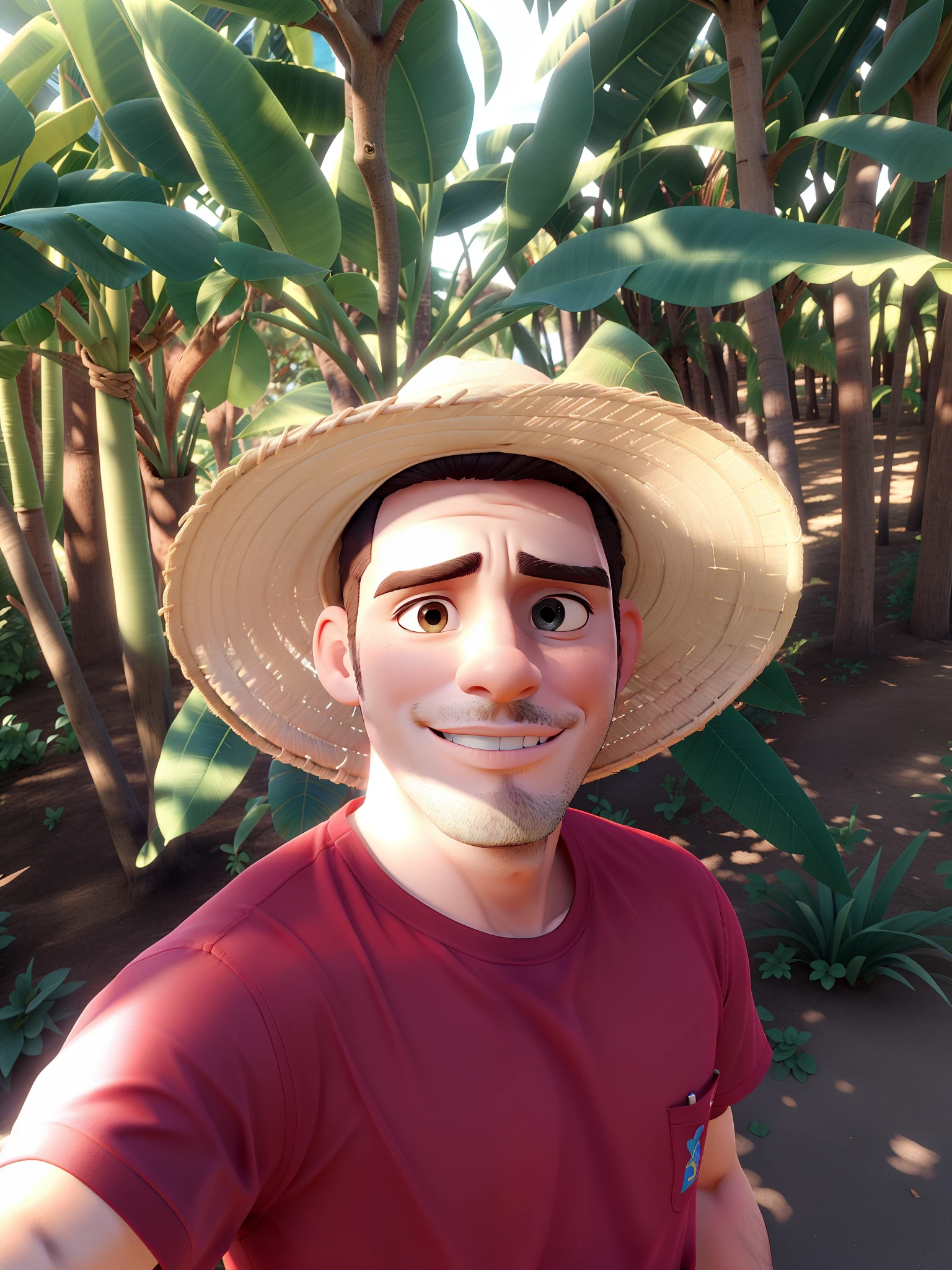 homem com 28, wearing straw hat, moreno olhos castanho cabelo cacheado, blusa vermelha