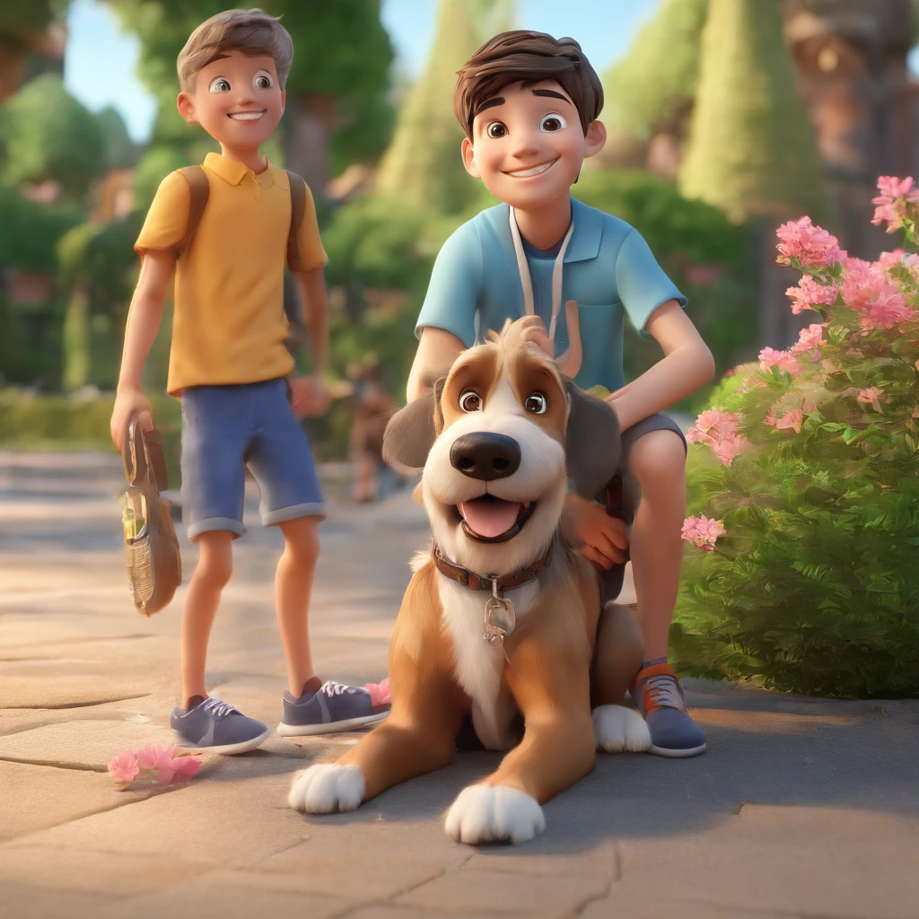 Lucas is a smiling -yeld hu boy, com seu fiel amigo, Bolt, o cachorro schnauzer, deitados no jardim