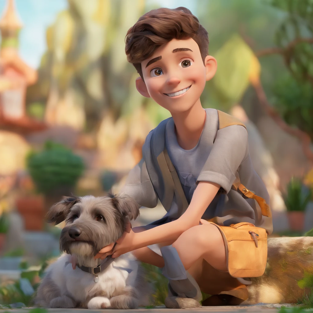 Lucas is a smiling 15-year-old human boy, com seu fiel amigo, Bolt, o cachorro schnauzer, deitados no jardim