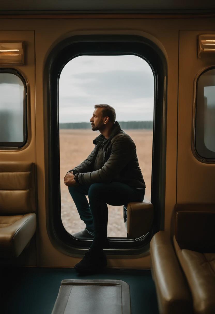 Fotografia editorial de um forte cosmonauta masculino ((40 anos)) sitting in front of a train window into space, Looking at camera, voltar ao visualizador, pele realista, fotojornalismo, retrofuturismo, Kodak Ektar, profundidade de campo, F/1.8, 4k, volumetric, vinheta