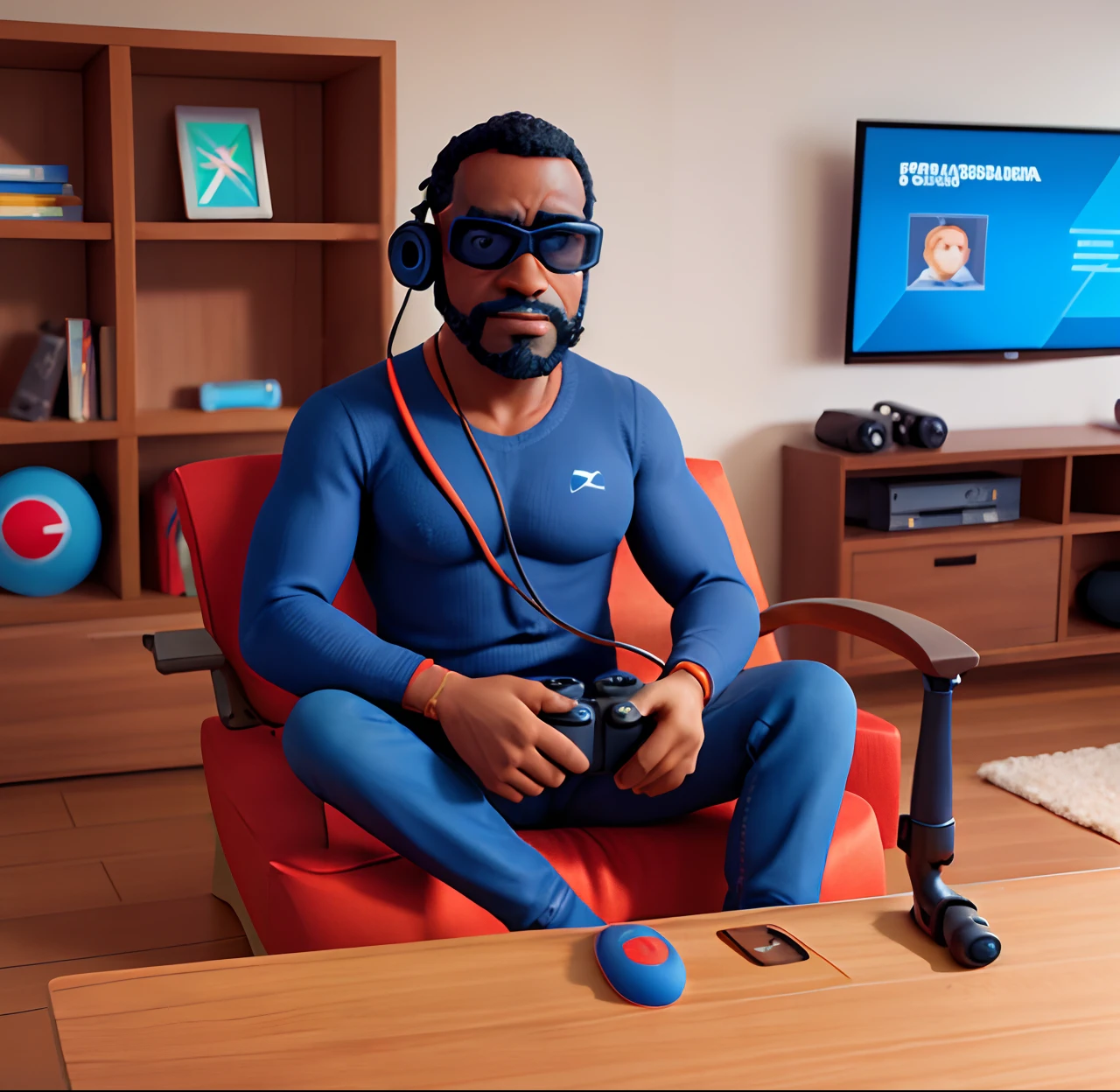 Homem negro, 40 anos, wearing goggles, olhar desafiador, usando headset, careca, barba rala grisalha, Sitting in a room with nerdy décor, jogando PlayStation