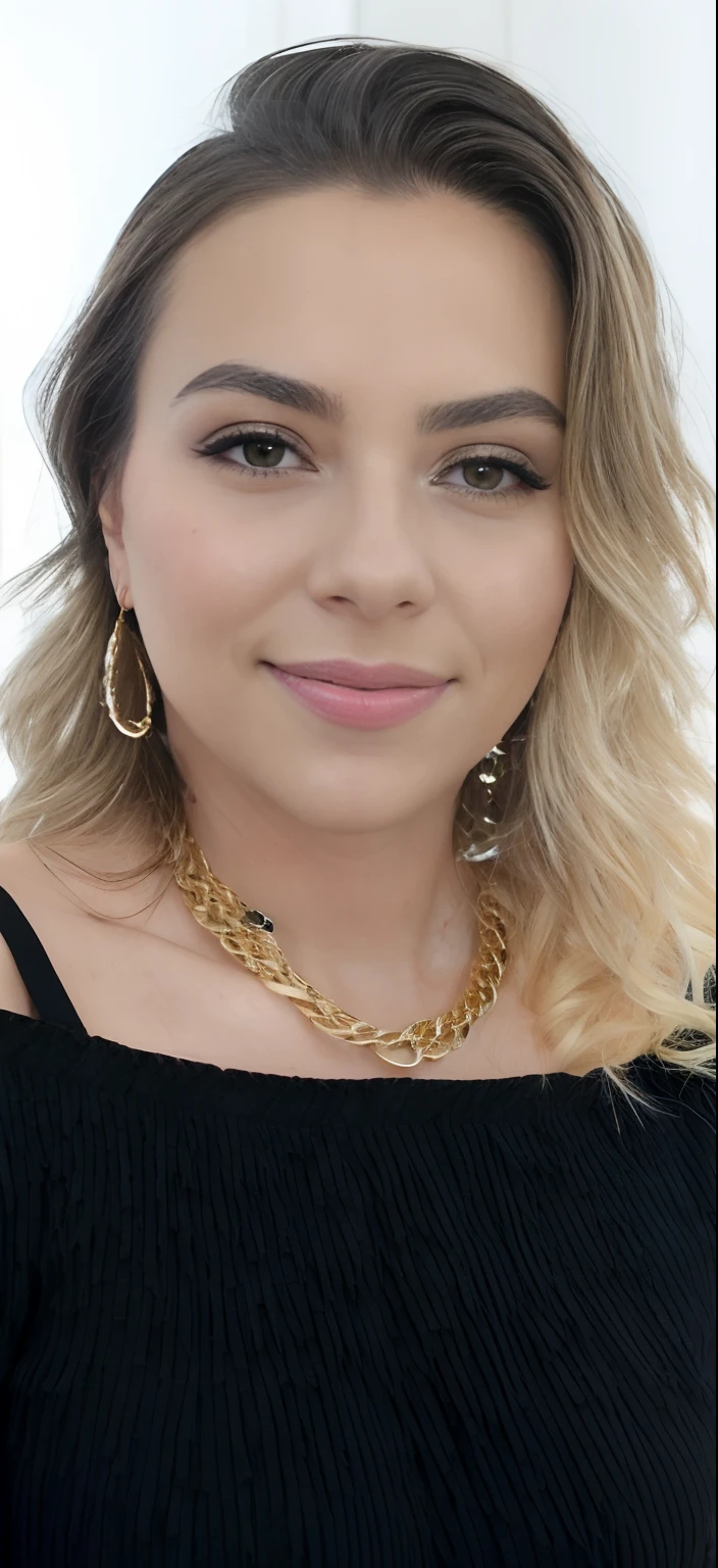 Hay una mujer con un top negro y un collar dorado, con gargantilla dorada detallada, inspirado en Evert Collier, collar de cadena de oro, usando una cadena de oro, Multiple gold necklaces, usando cadena de oro, by Nándor Katona, Collares de oro y perlas, por Kristin Nelson, Jewelry gold, Perlas y cadenas de oro, usando varios colgantes