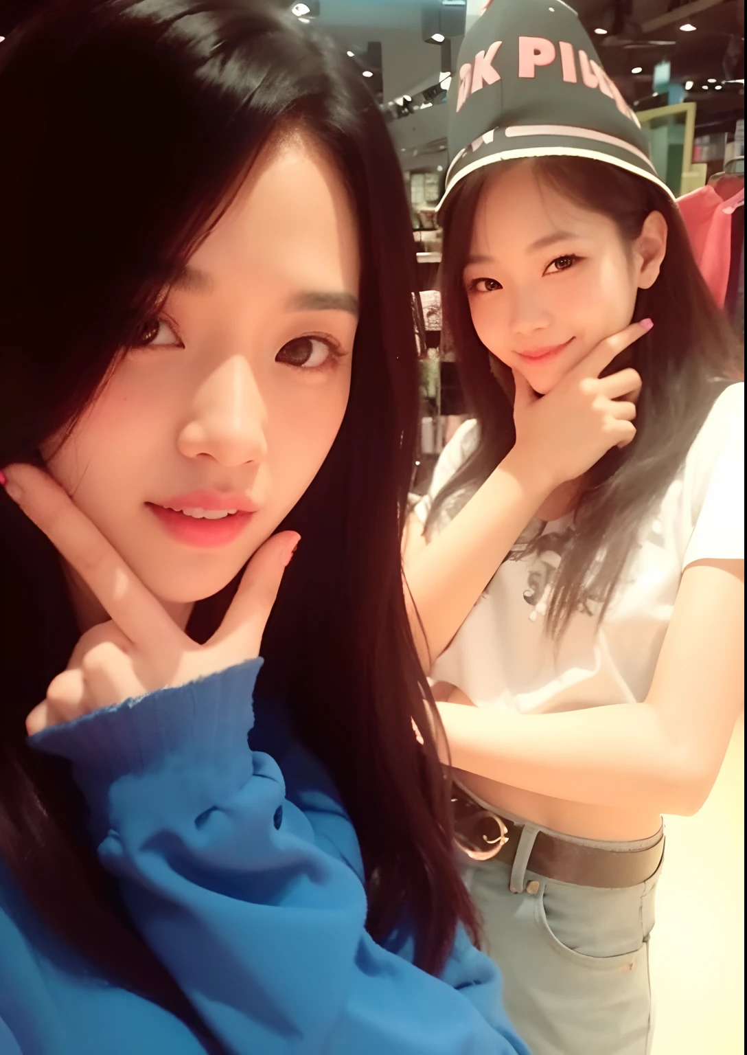 Two women posing for a photo in a store with hats, Jisoo do Blackpink, jisoo do rosa preto, jossi do rosa preto, jennie rosa preto, tzuyu de duas vezes, Parque Roseanne do Blackpink, Dom Yunjoo, Kim Doyoung, Retrato Jisoo Blackpink, Scandy e Arender, Ulzzang, rosa preto, Jinyoung Canela, wan adorable korean face, duas vezes