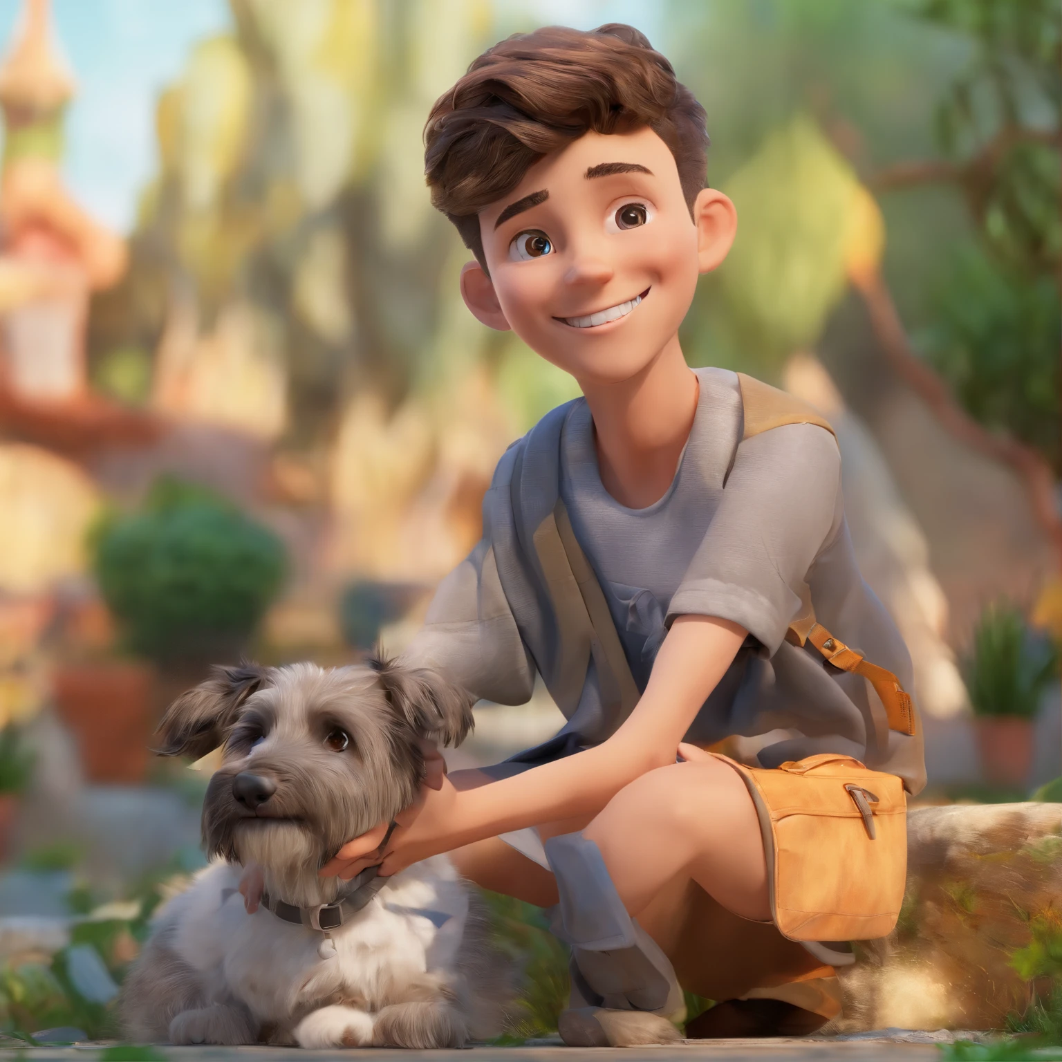 Lucas is a smiling -yeld hu boy, com seu fiel amigo, Bolt, o cachorro schnauzer, deitados no jardim