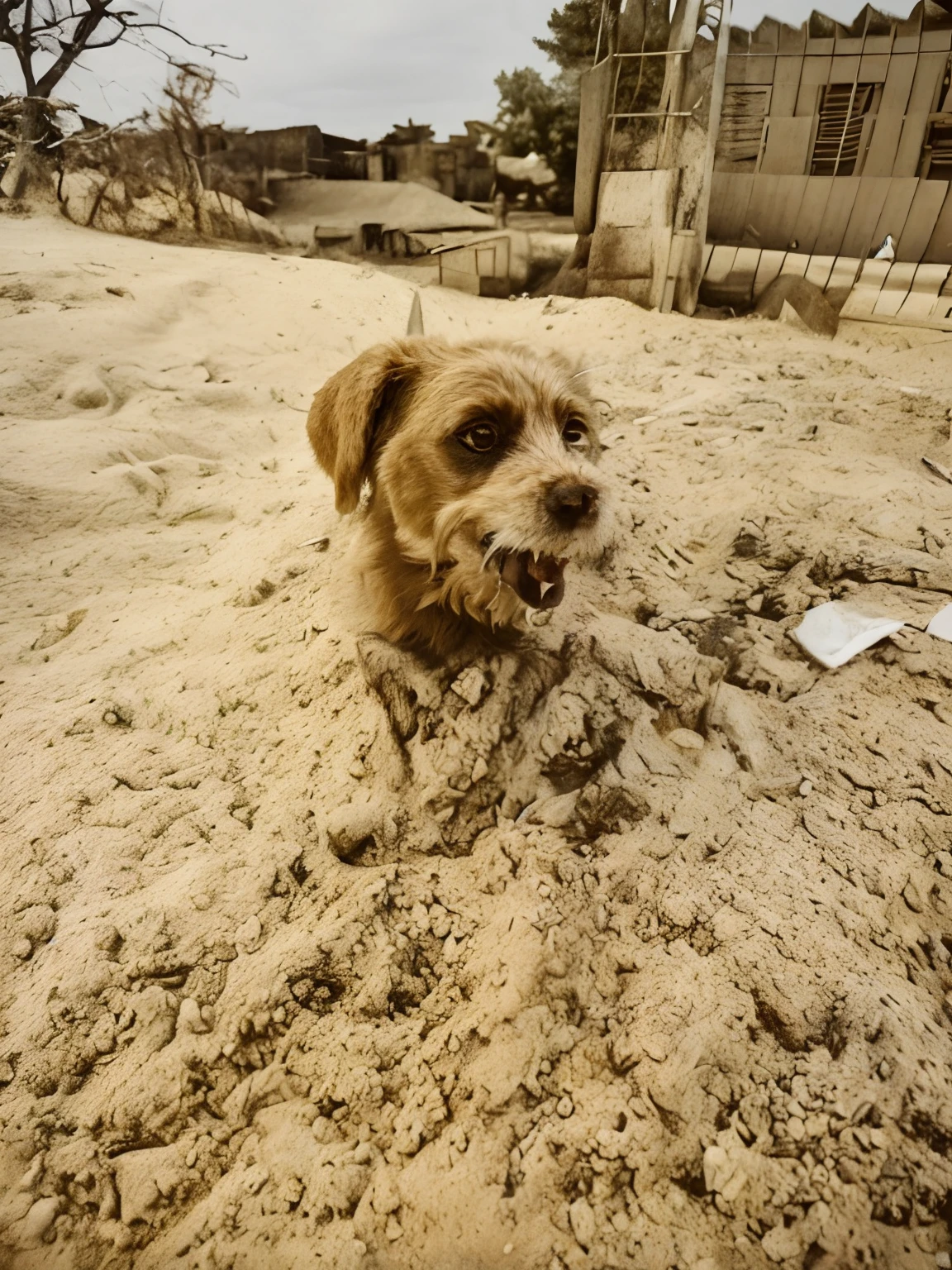 There's a dog that's lying in the sand, enterrado na areia, seu corpo enterrado na areia, coberto de areia, Arenoso, digging, na areia, cheio de areia e poeira, brincando na praia, muito bonito, totalmente funcional, coberto de sujeira, um bonito, Sr. Sandman, coberto de lama, paws firm to the ground, na praia