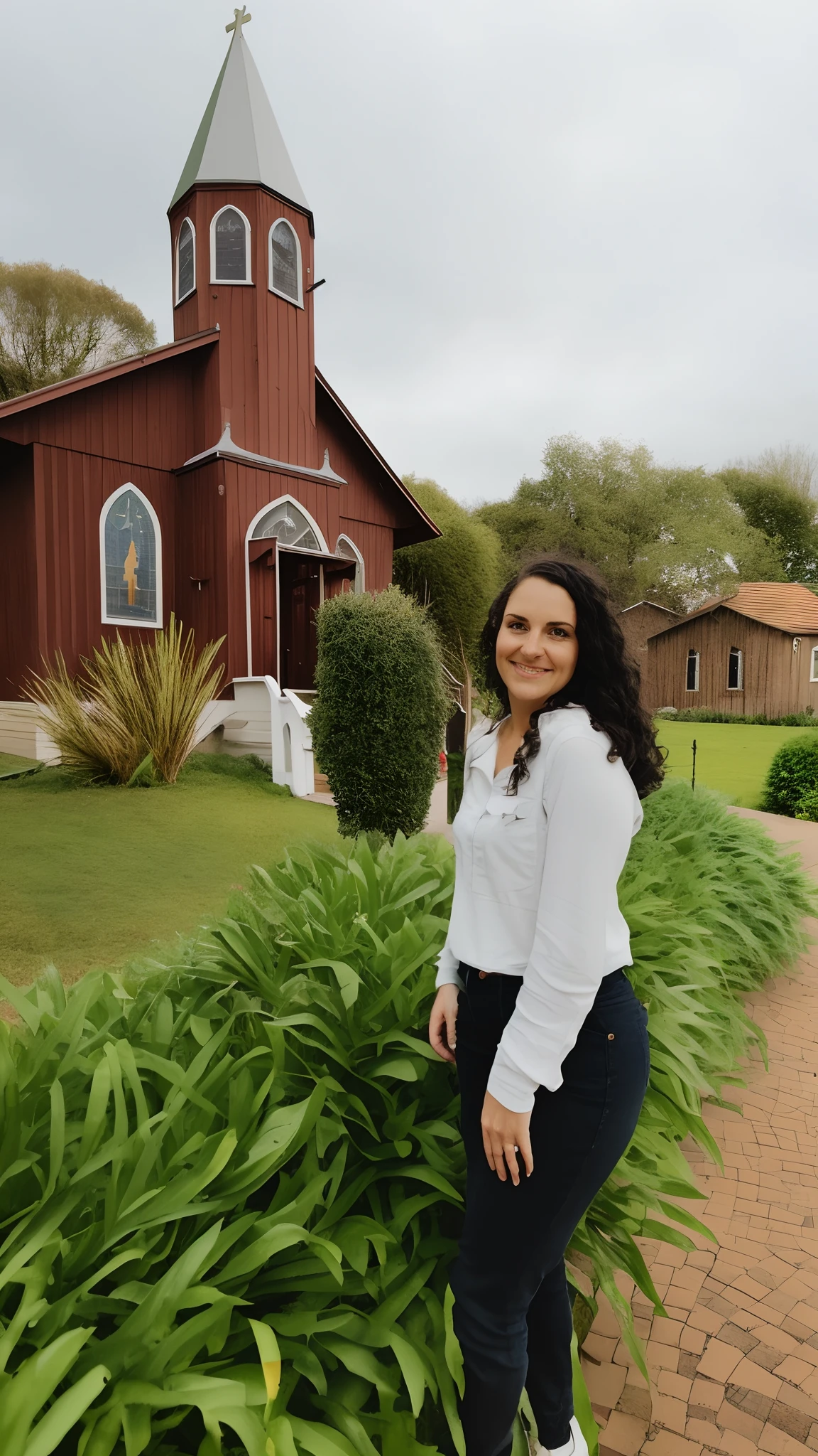 Woman standing in front of a church with a big green bush,