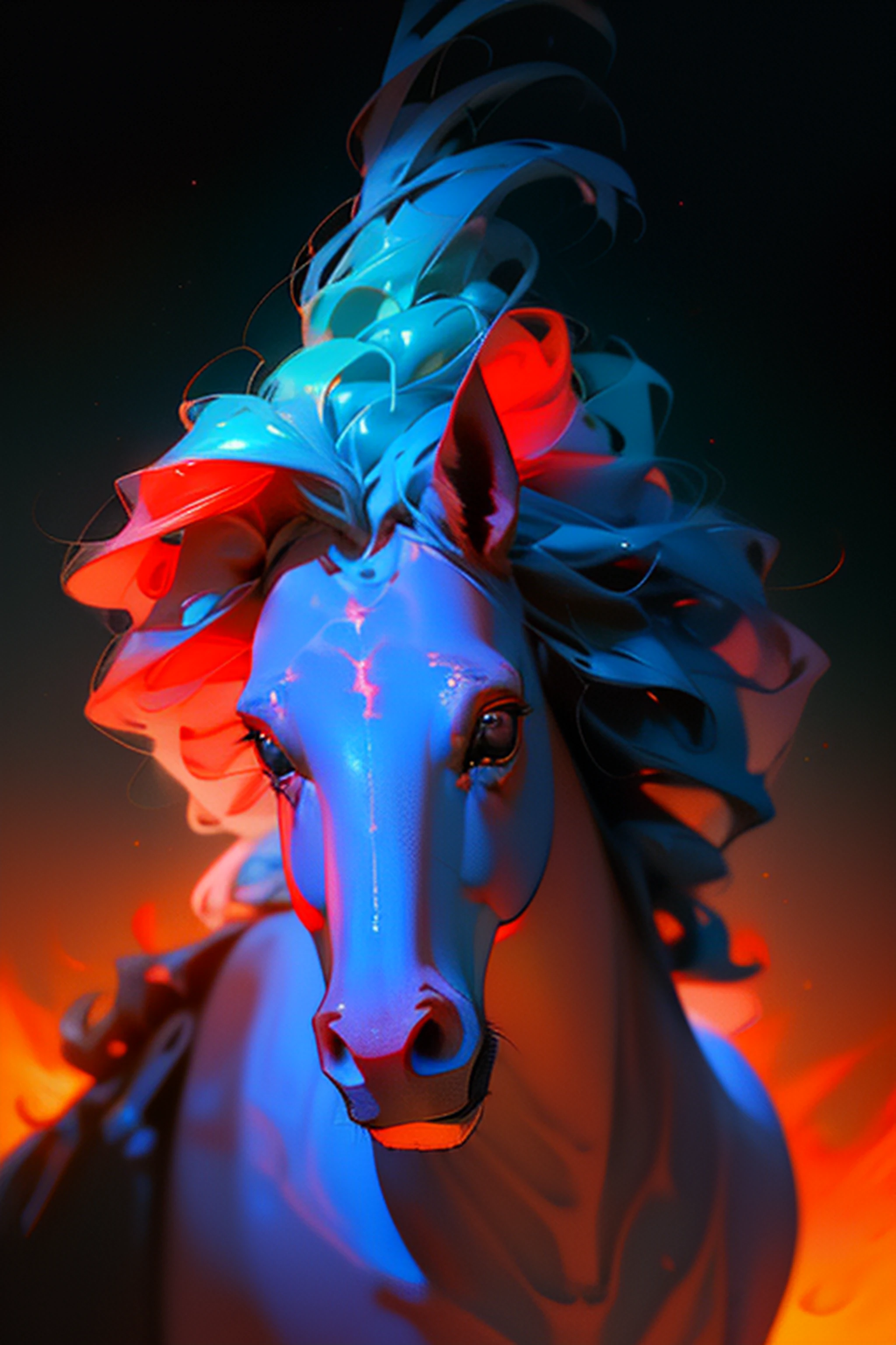 cavalo colorido brilhante com juba longa e juba na frente de um fundo azul, arte vetorial por Whitney Sherman, Vencedor do concurso da Shutterstock, neofauvismo, pintado em aquarelas brilhantes, Jen Bartel, Cavalo digital, full-colour illustration, fire and flames mane, full-colour illustration, Horse, Pintura digital vibrante, estilo de arte vetorial, pintura digital colorida, a beautiful artwork illustration