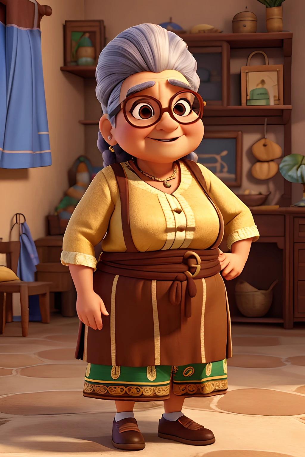 idosa, branca, Brazilian Ethnic Traits, portugal, cabelo longo, penteado de idosa, corpo inteiro, The old lady is fat, He wears glasses and is telling stories to his grandchildren, disney pixar desenho animado em 3d