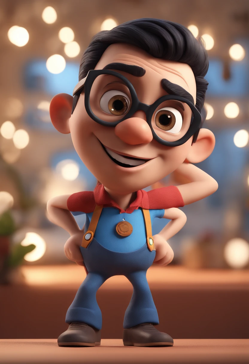 Cartoon character of a man with black glasses and a blue shirt, animation character, Caractere estilizado, animation style rendering, 3D estilizado, Arnold Maya render, 3 d render stylized, toon render keyshot, Personagem 3D, Personagem 3D, 3d rendering stylized, 3 d character render, personagem de desenho animado, Personagem de close up, Pose de personagem,  (Estilo Pixar) (master part:1.2) (Bokeh) (best quality) (pele detalhada) (textura detalhada) (8k) (argila) (Cinematic lighting) (foco nítido